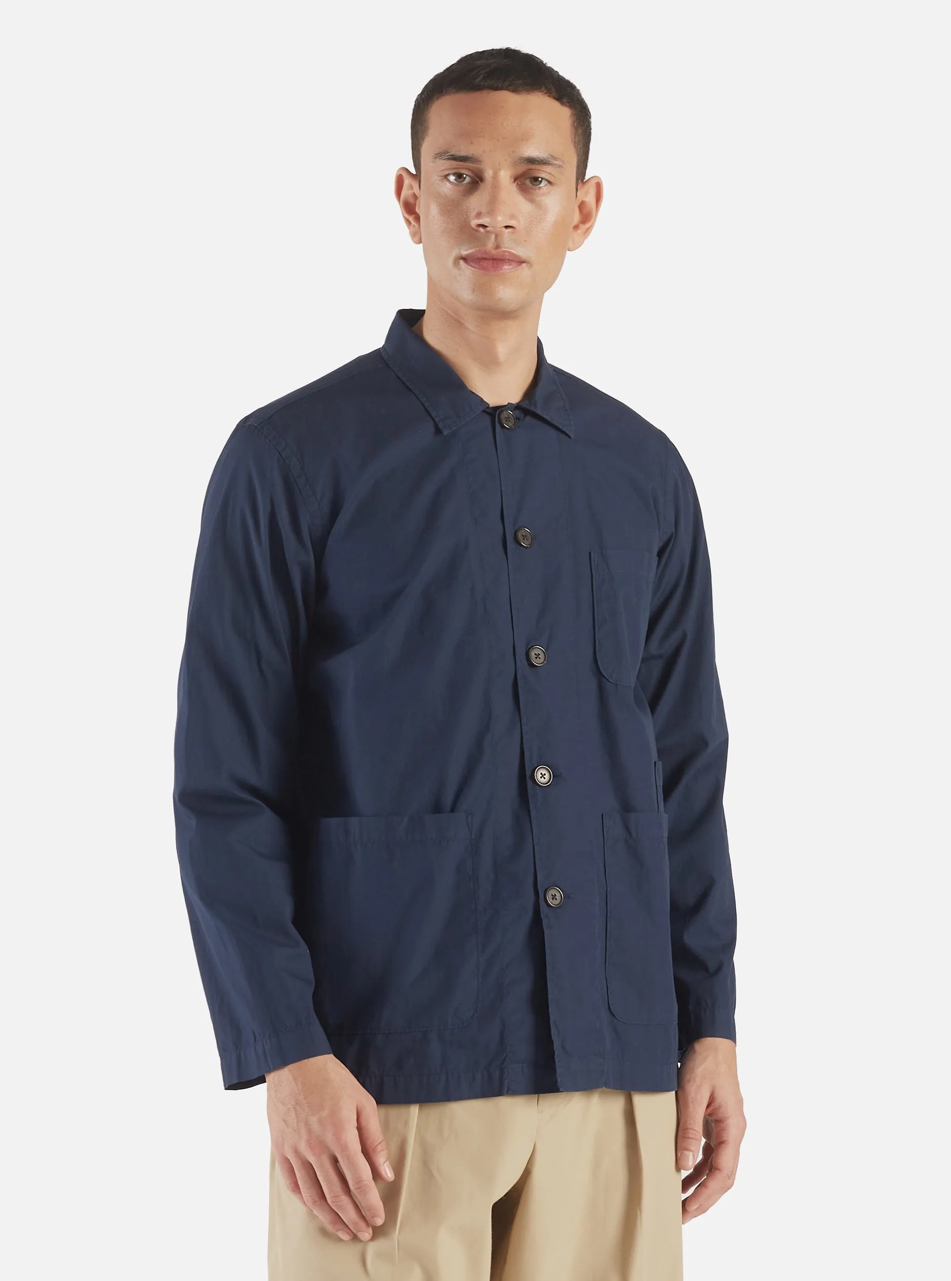 Universal Works Bakers Overshirt in Navy Organic Fine Poplin sold by Universal Works