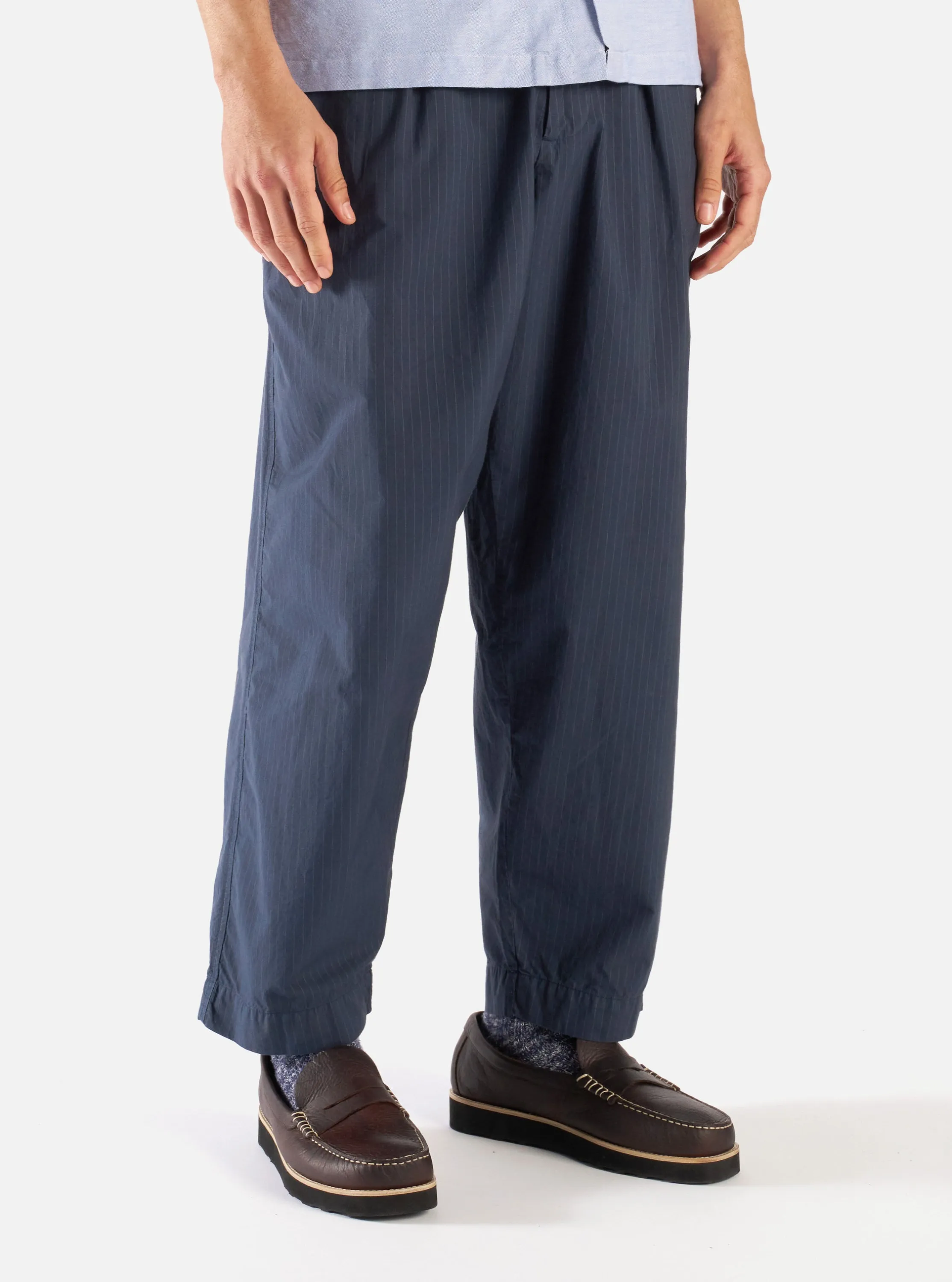 Universal Works Pleated Track Pant in Navy Nearly Pinstripe sold by Universal Works