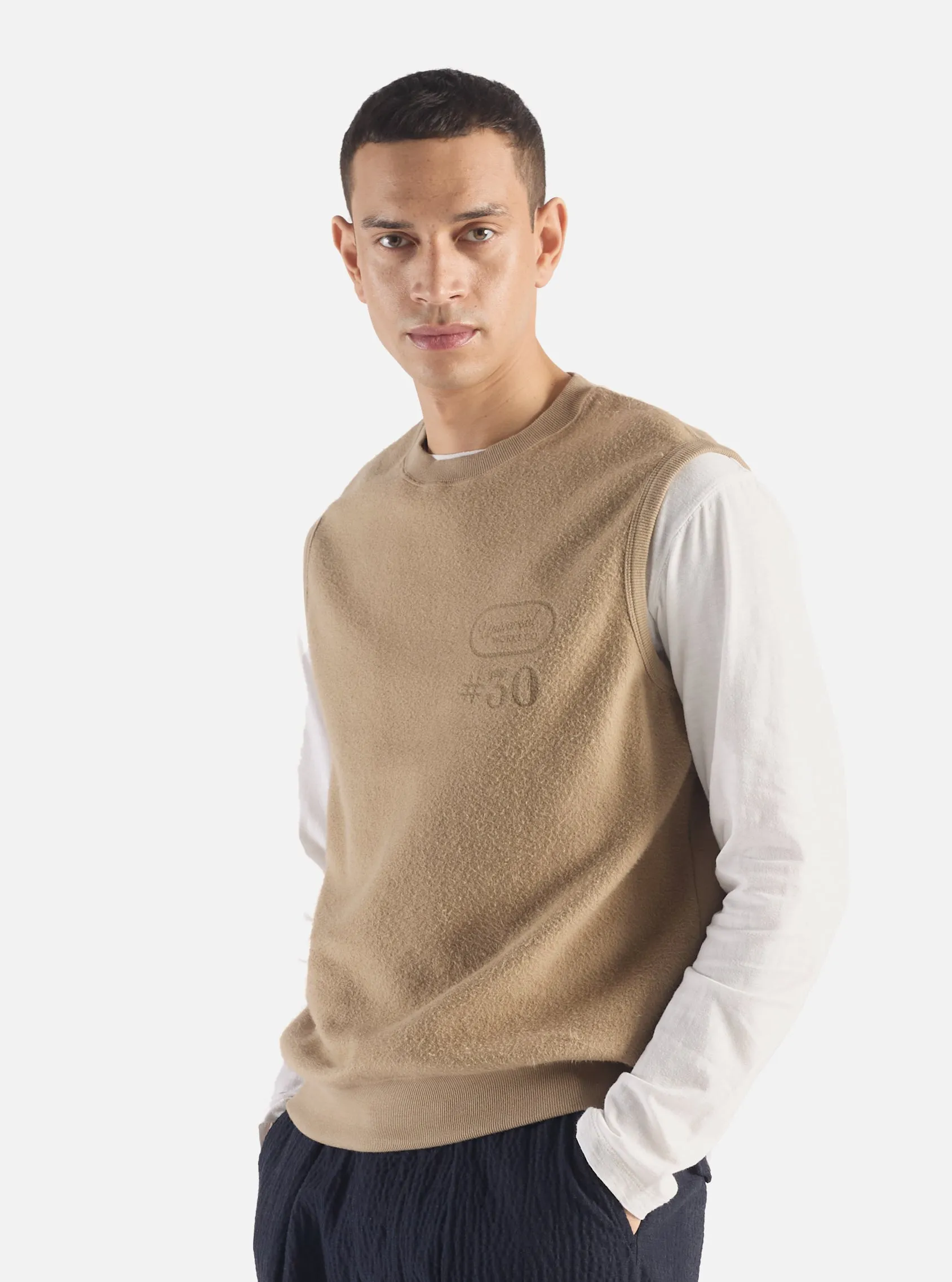 Universal Works Sleeveless Crew in Sand Brush Back Sweatshirt sold by Universal Works