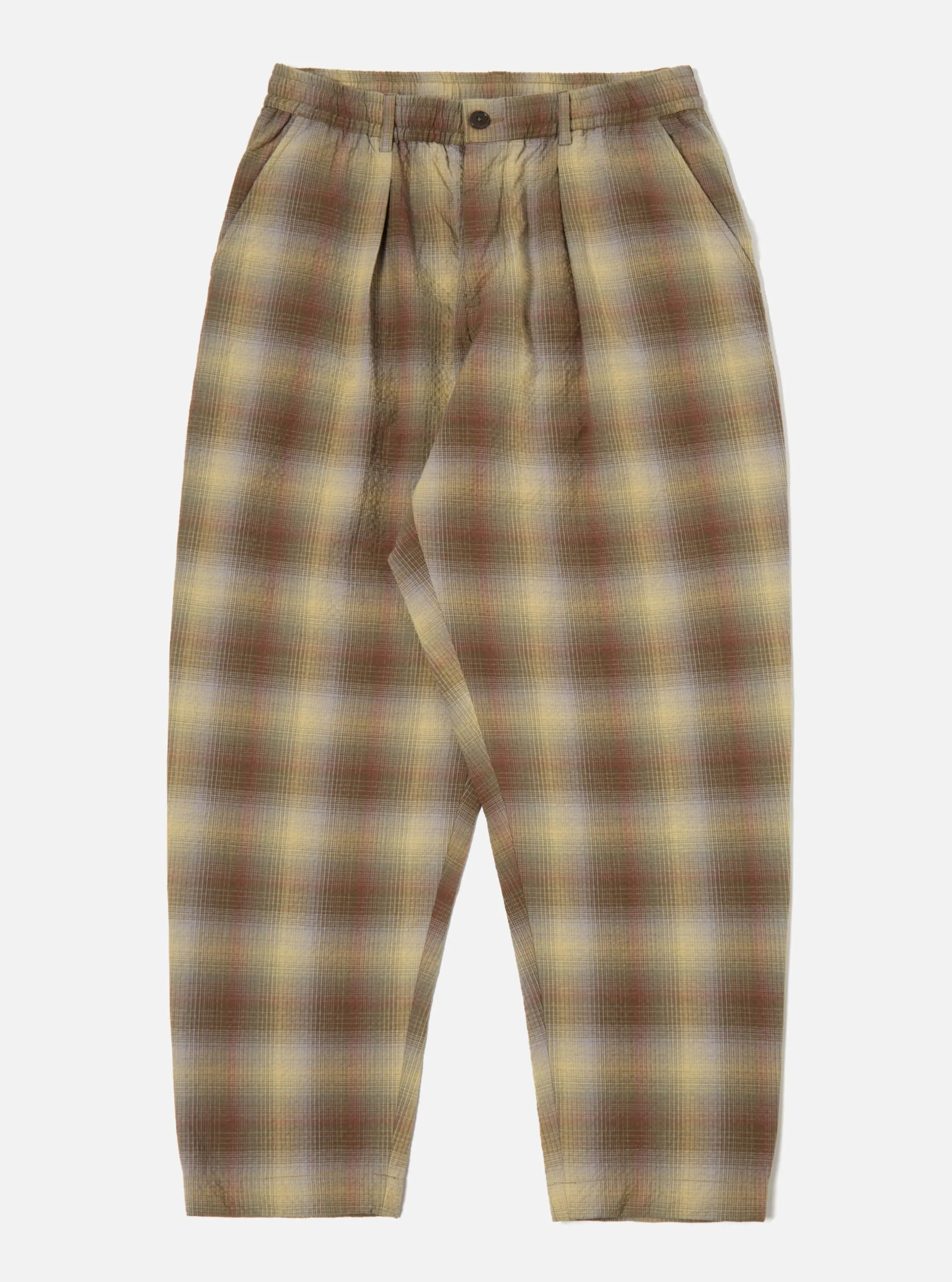 Universal Works Pleated Track Pant in Olive Portuguese Check Seersucker sold by Universal Works