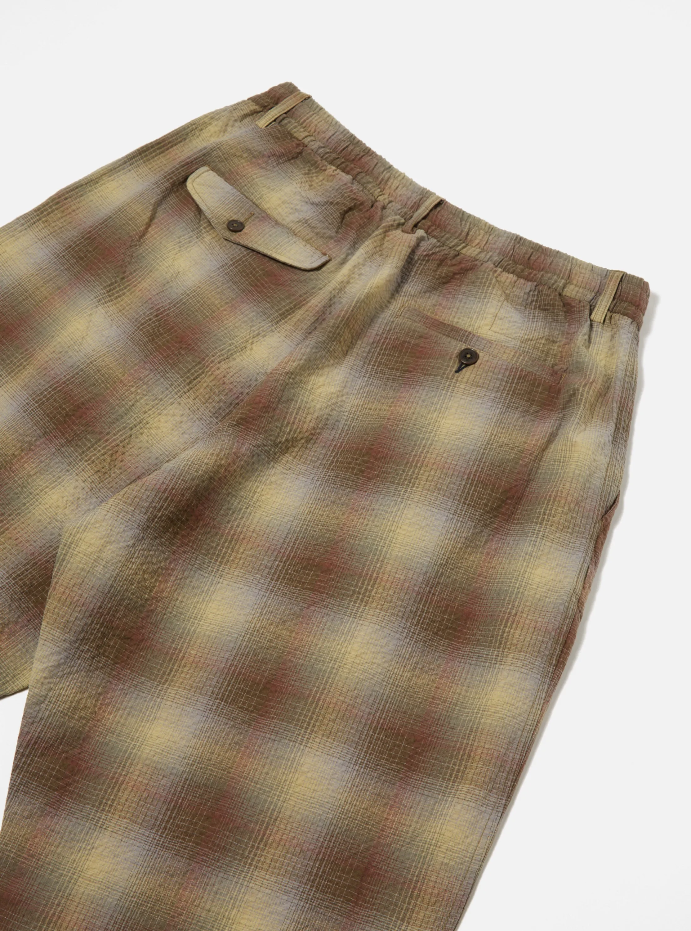Universal Works Pleated Track Pant in Olive Portuguese Check Seersucker sold by Universal Works product image thumbnail 4