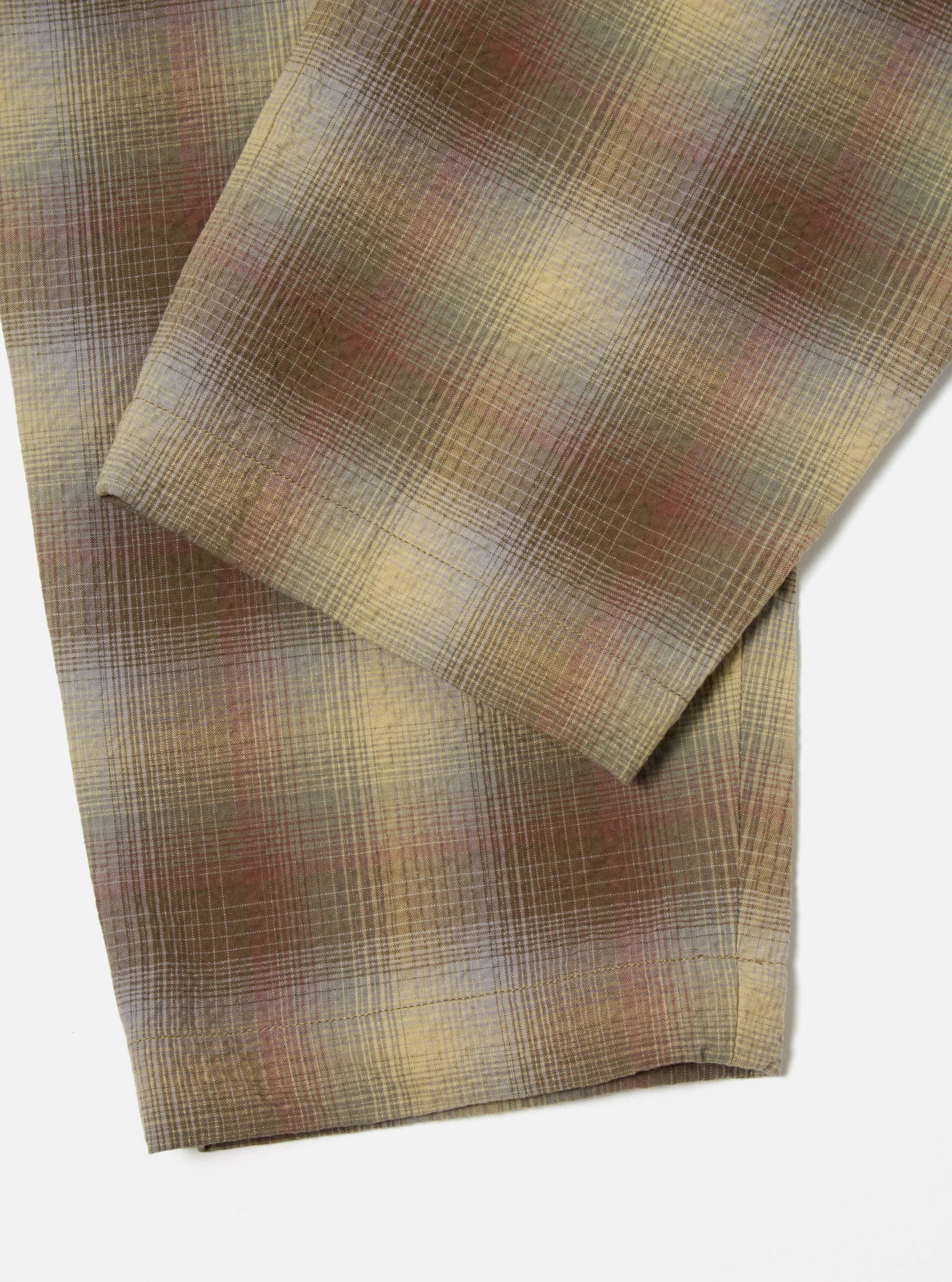 Universal Works Pleated Track Pant in Olive Portuguese Check Seersucker sold by Universal Works product image thumbnail 5