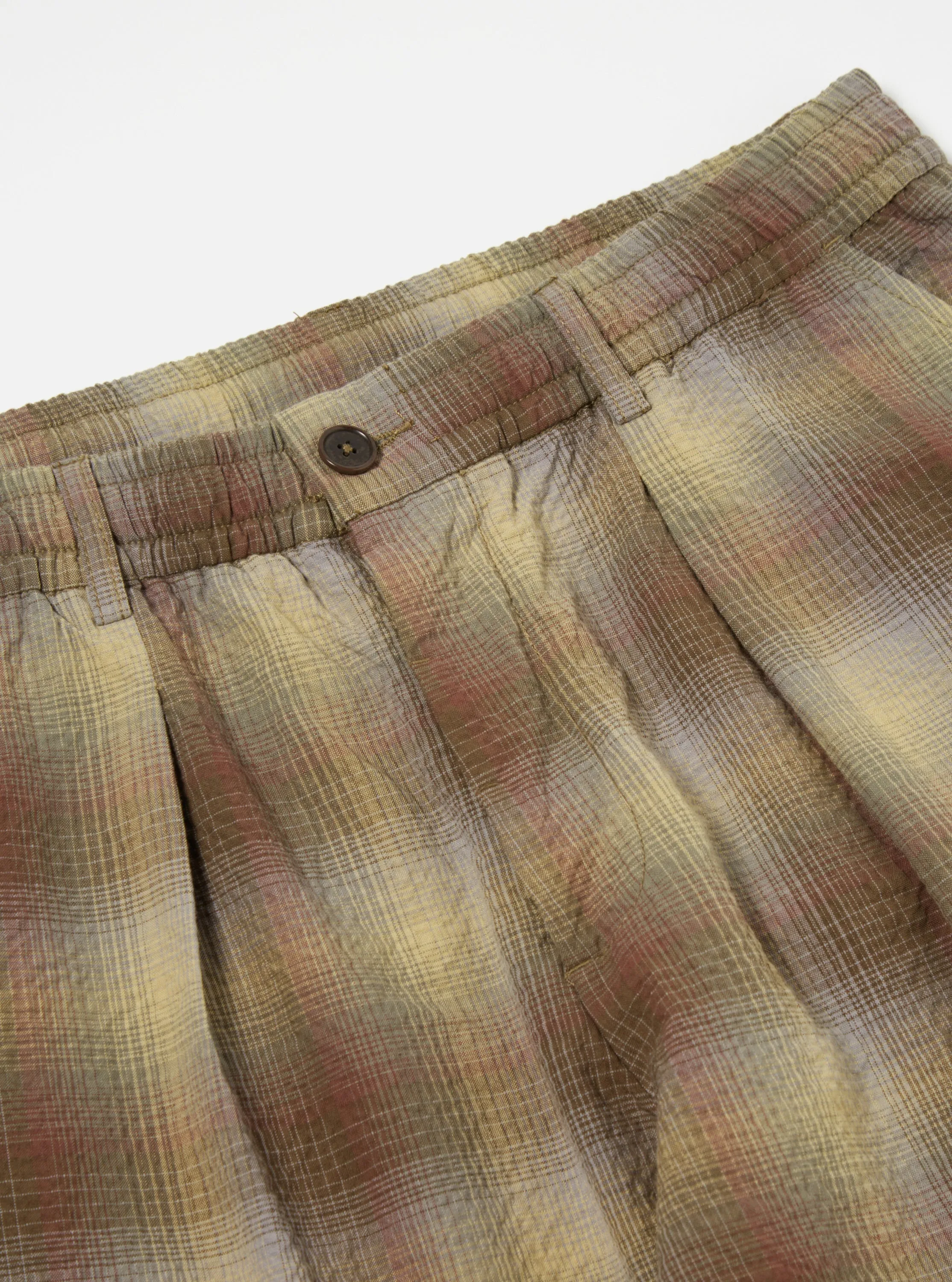 Universal Works Pleated Track Pant in Olive Portuguese Check Seersucker sold by Universal Works product image thumbnail 3