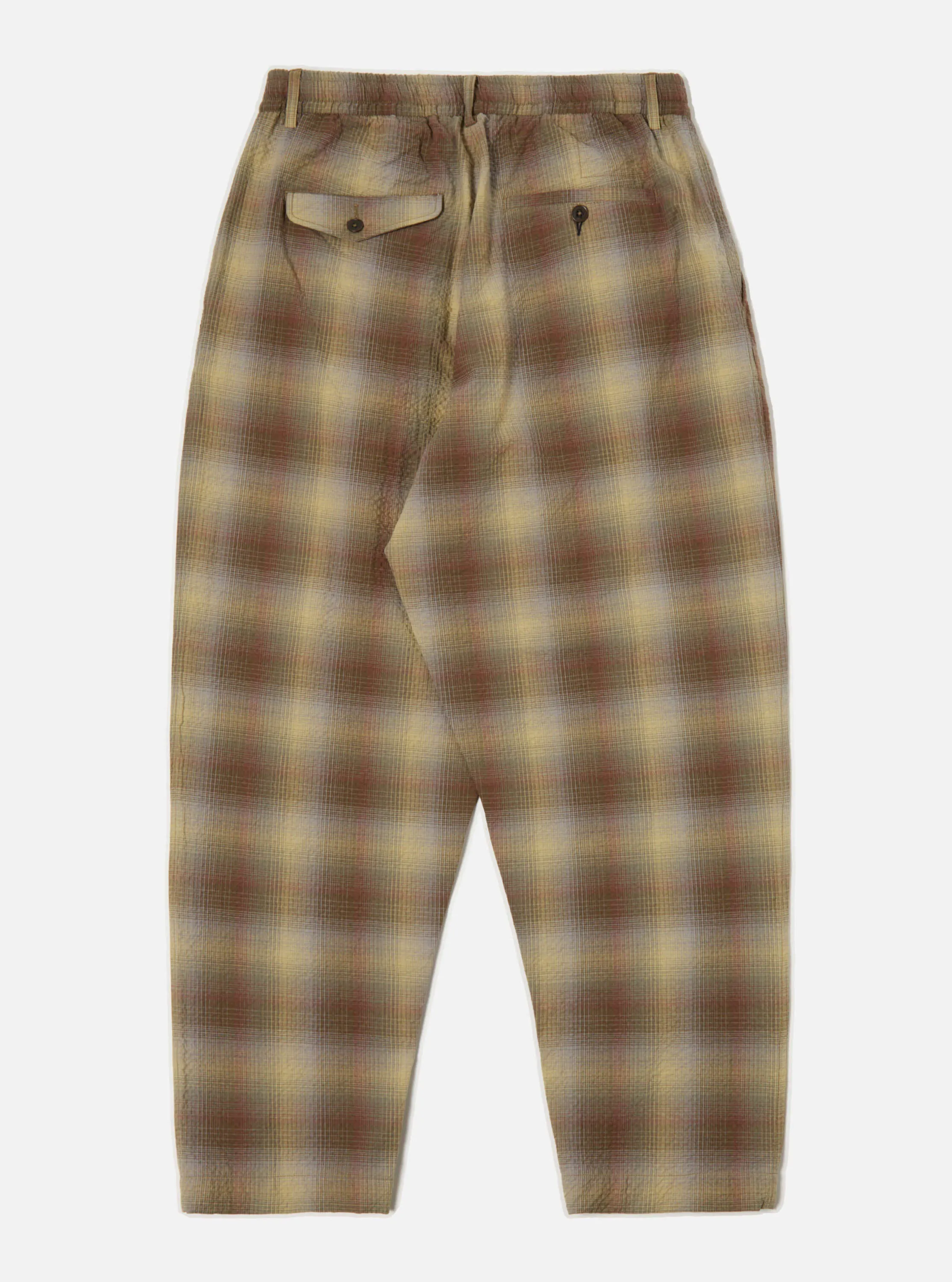 Universal Works Pleated Track Pant in Olive Portuguese Check Seersucker sold by Universal Works product image thumbnail 2