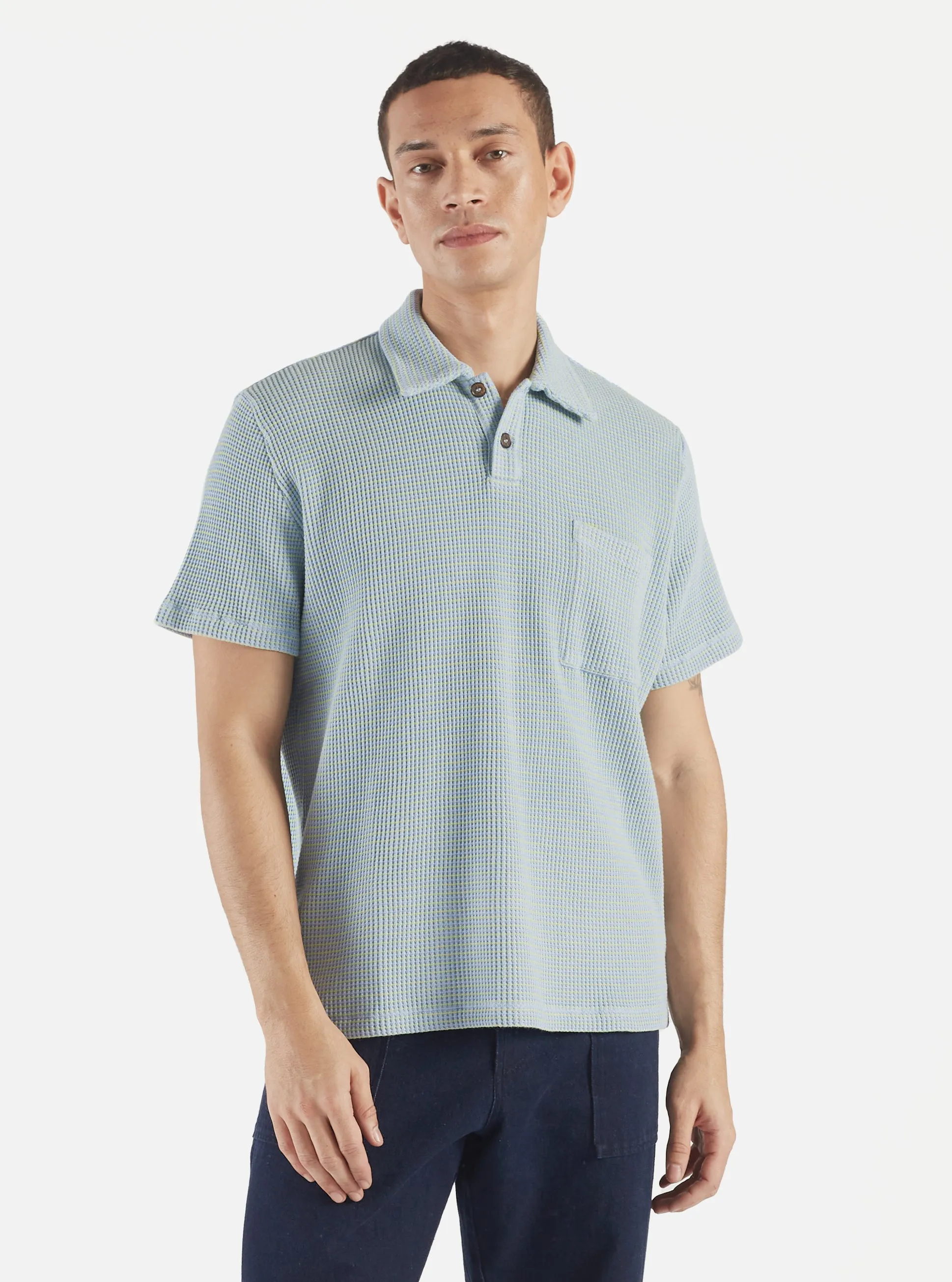 Universal Works Newlyn Polo in Sky Fluro Stripe sold by Universal Works