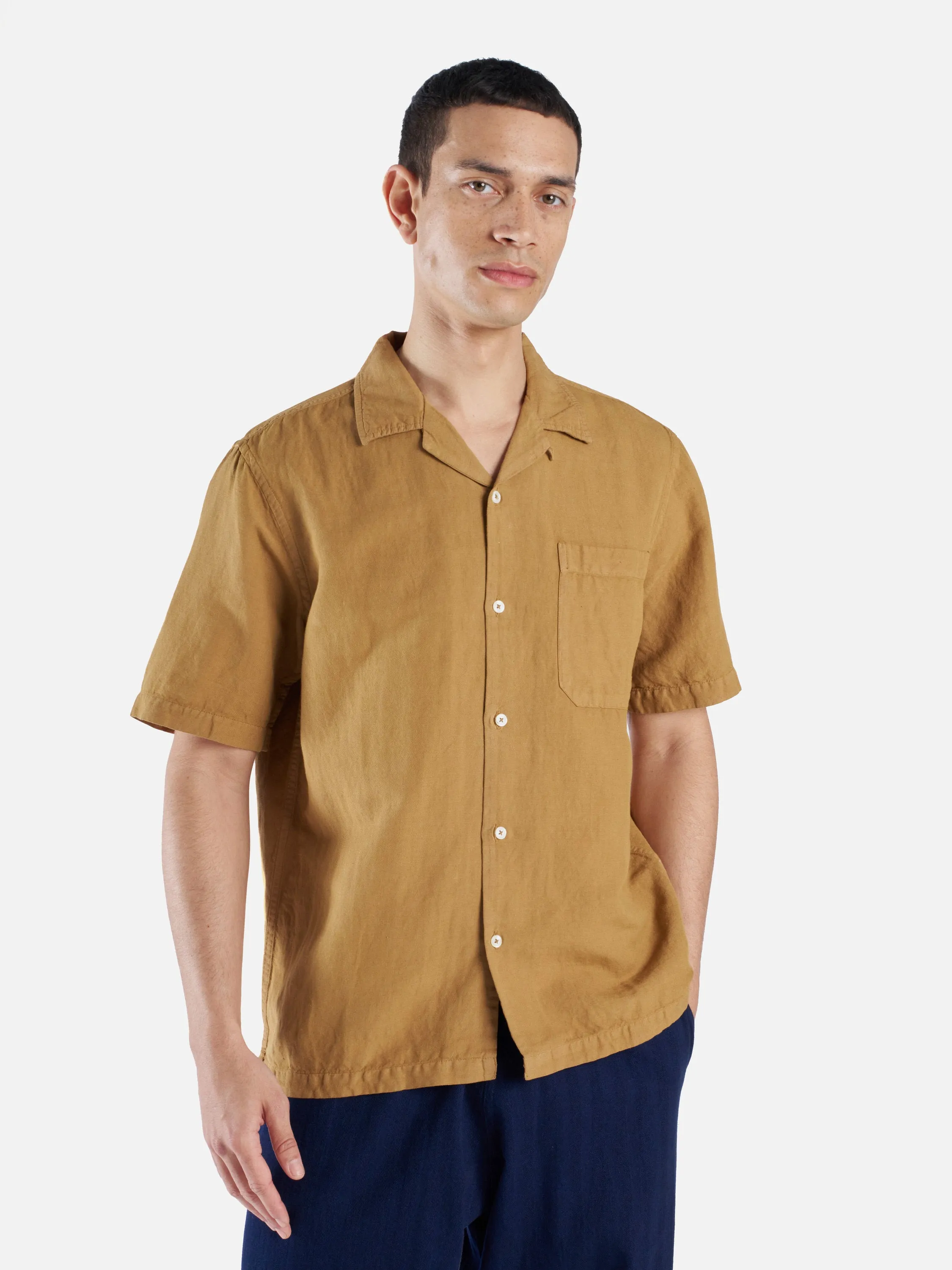 Universal Works Camp Shirt in Bronze Hemp Cotton Shirting sold by Universal Works