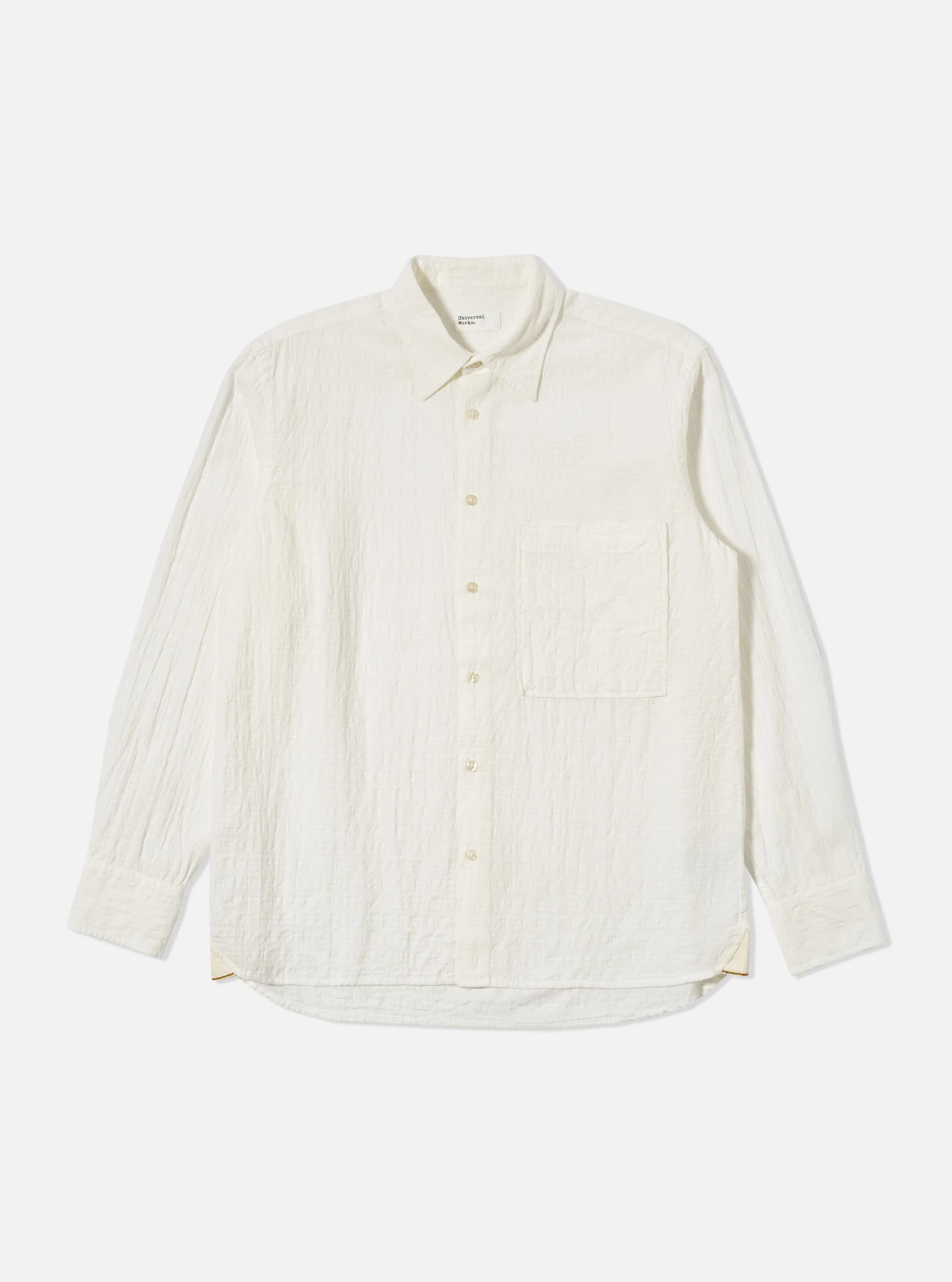 Universal Works Square Pocket Shirt in Ecru Dolly Stripe sold by Universal Works