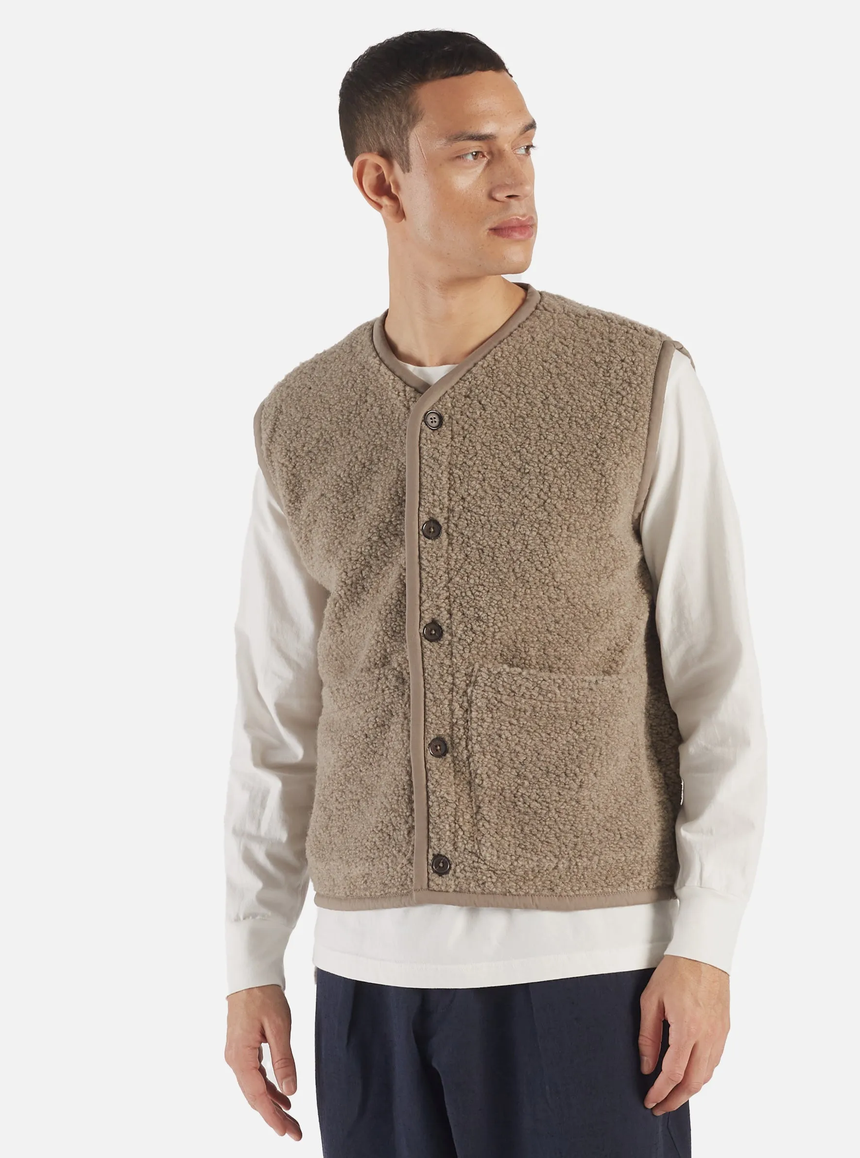 Universal Works Lancaster Gilet in Stone Alvar Fleece | Parallel