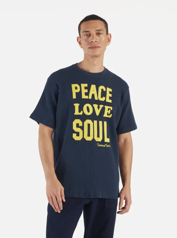 Universal Works Print Tee in Navy Organic Cotton/Hemp Waffle sold by Universal Works