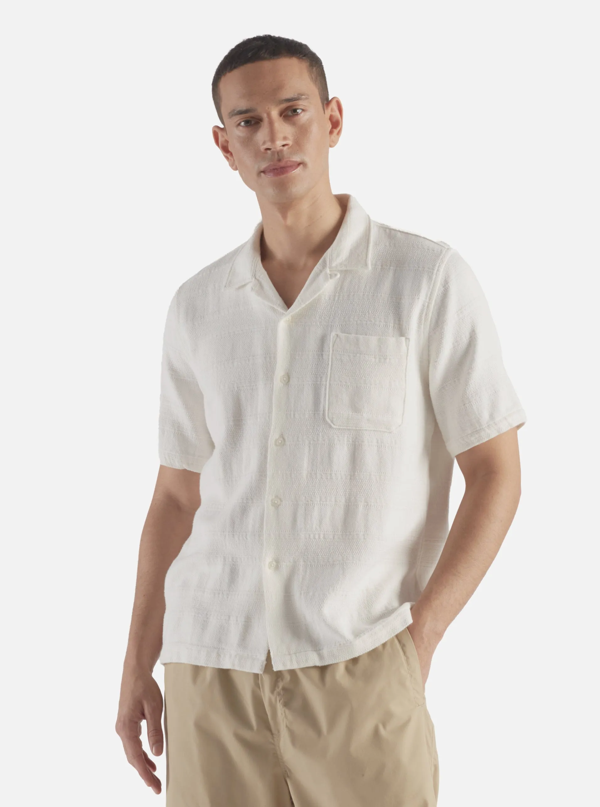 Universal Works Road Shirt in White Tipzzi Stripe sold by Universal Works