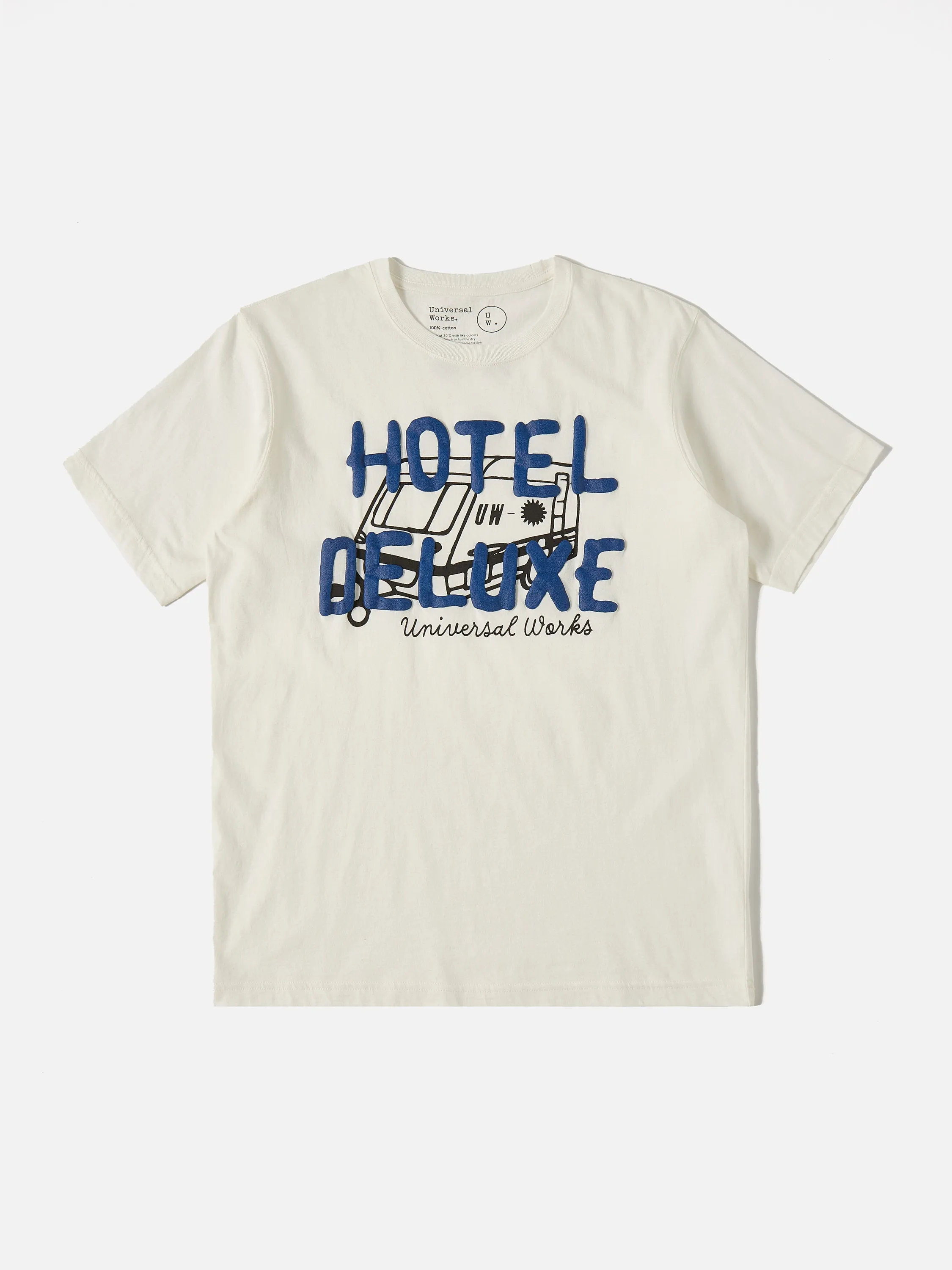 Universal Works Print Tee in Ecru 'Hotel Deluxe' Single Jersey sold by Universal Works product image thumbnail 2