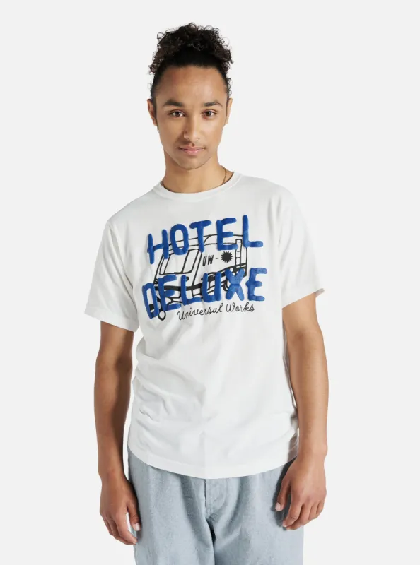 Universal Works Print Tee in Ecru 'Hotel Deluxe' Single Jersey sold by Universal Works
