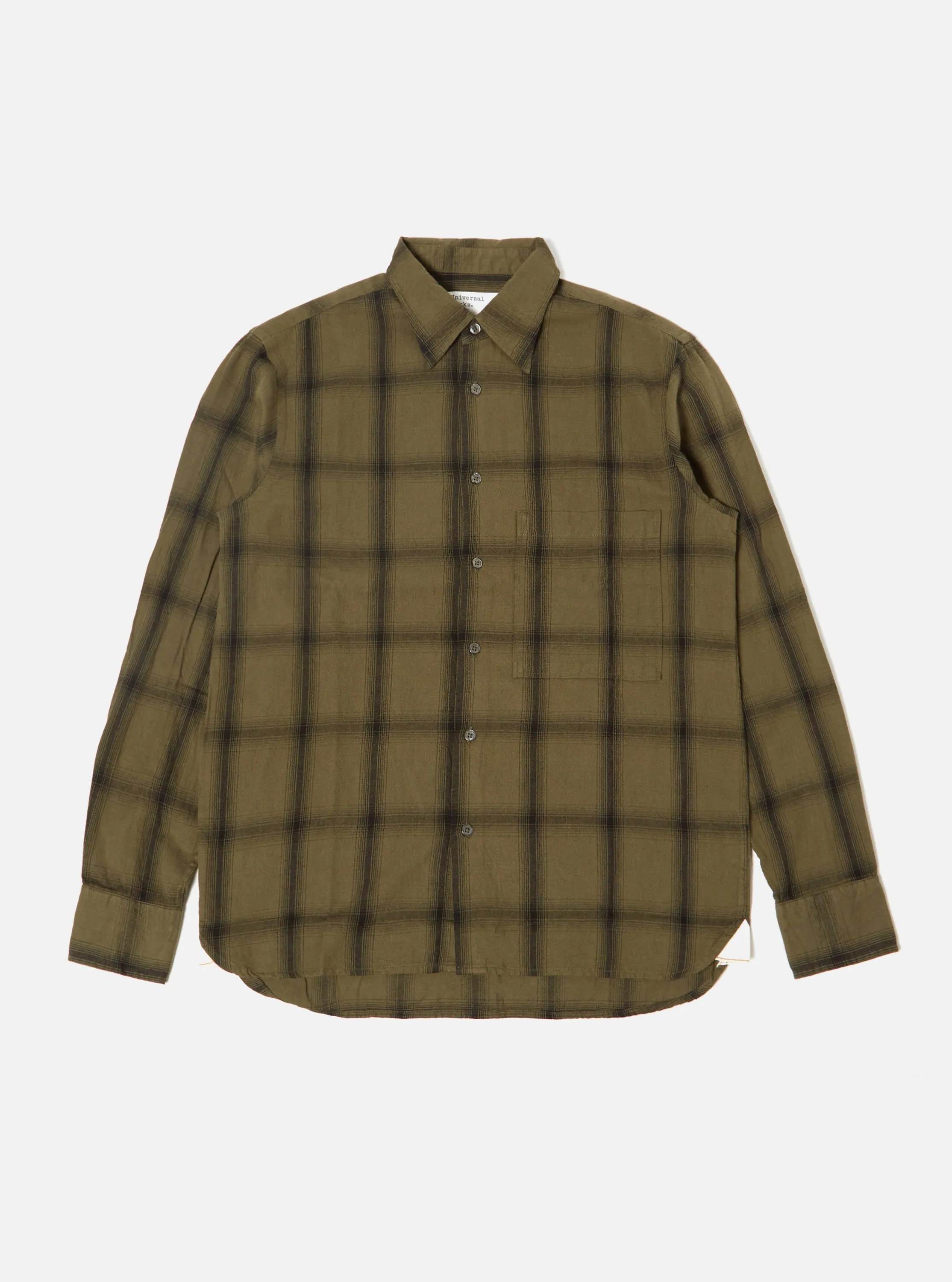 Universal Works Square Pocket Shirt in Olive Shadow Check sold by Universal Works