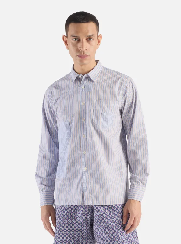 Universal Works Patched Shirt in Blue Busy Stripe Cotton sold by Universal Works