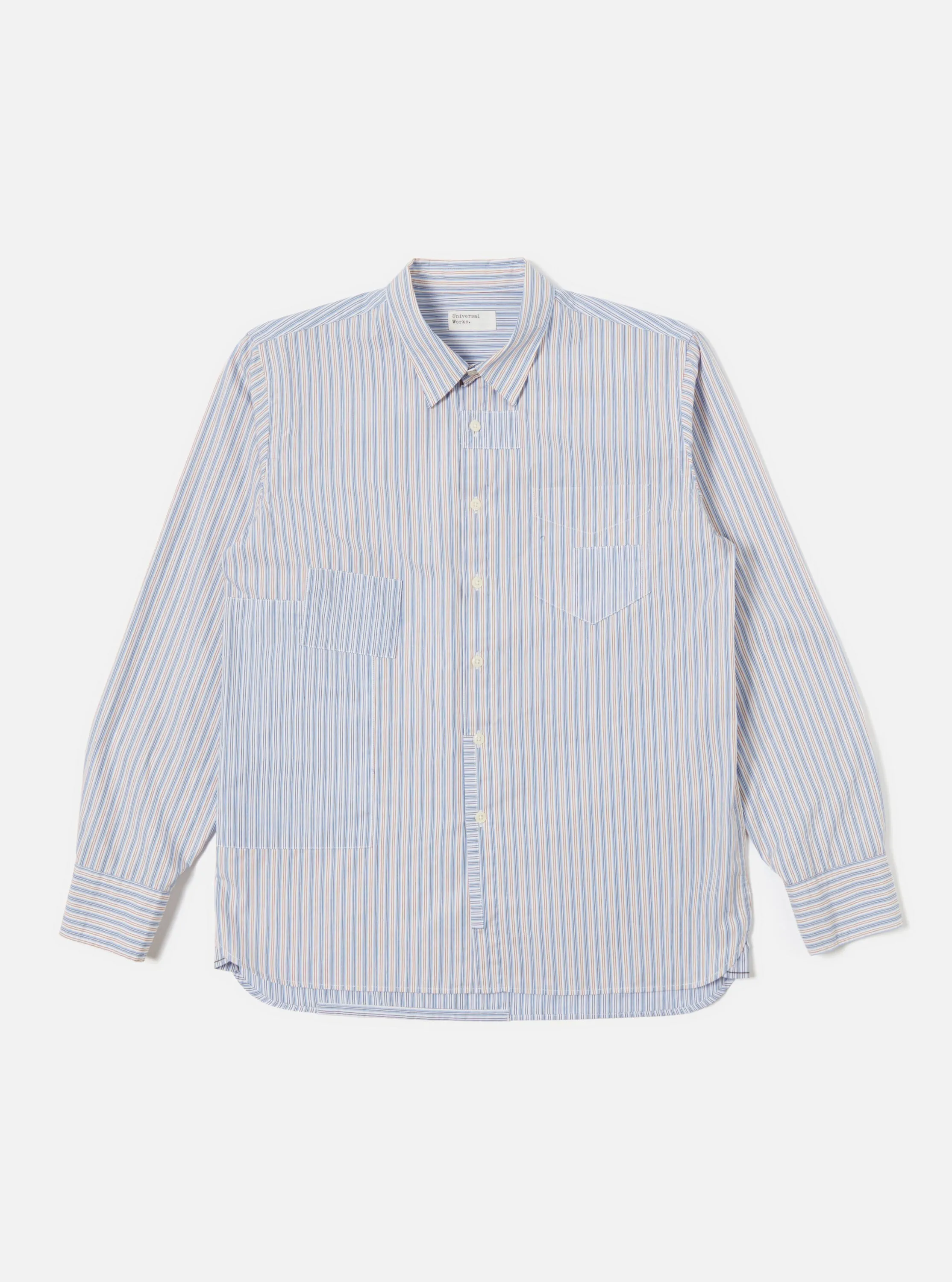 Universal Works Patched Shirt in Blue Busy Stripe Cotton sold by Universal Works product image thumbnail 2