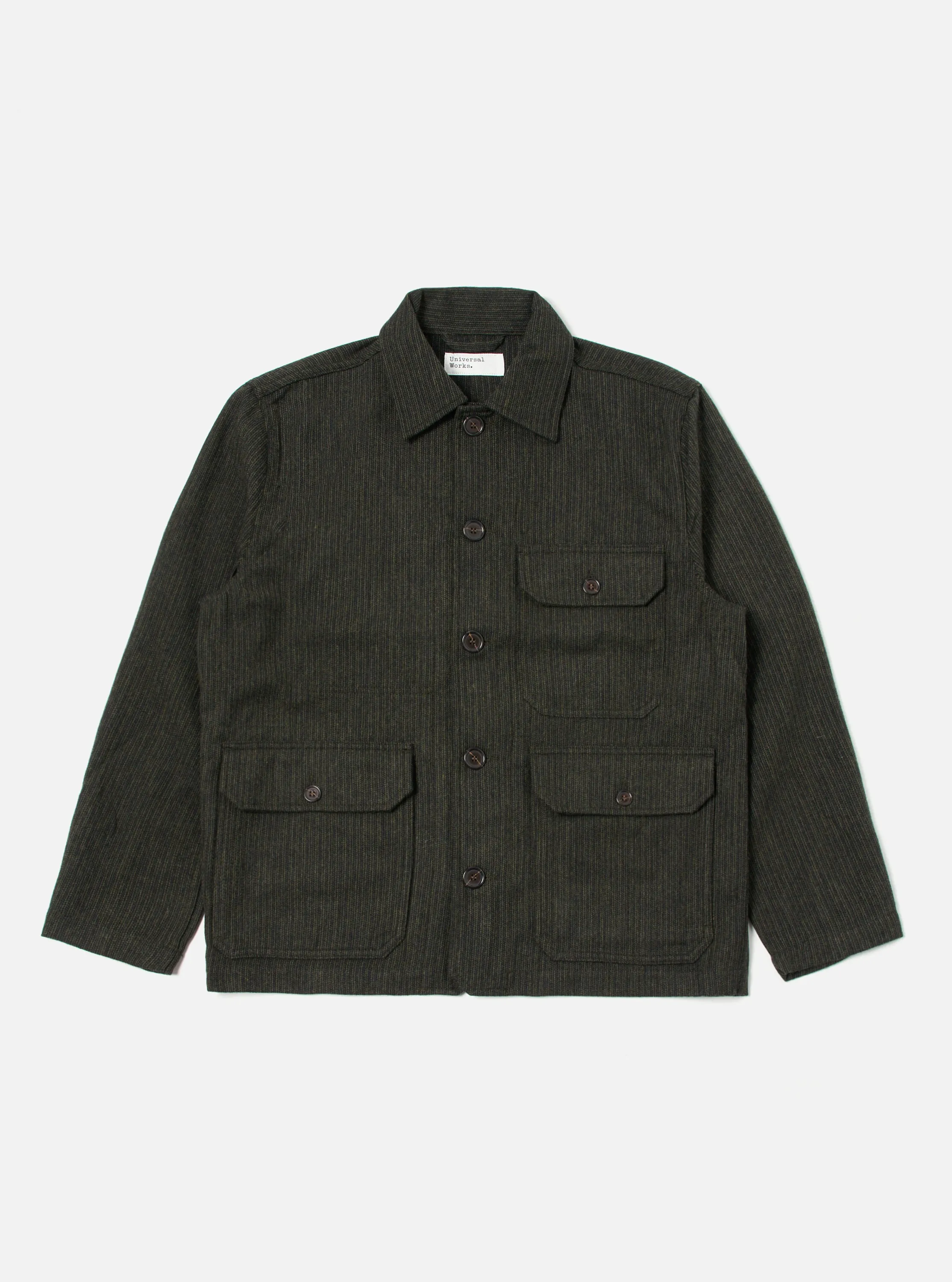 Universal Works Utility Jacket in Black/Olive Stripe Wool Mix sold by Universal Works