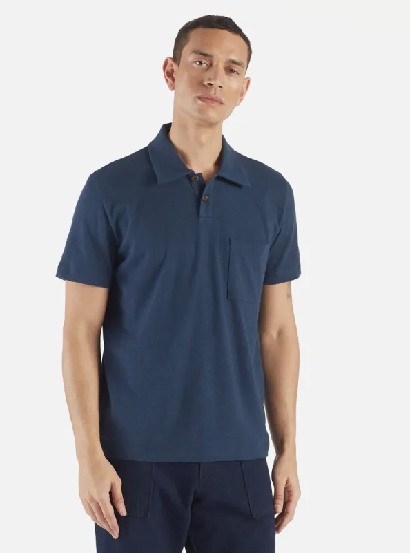 Universal Works Newlyn Polo in Navy Cotton Hemp Jersey sold by Universal Works