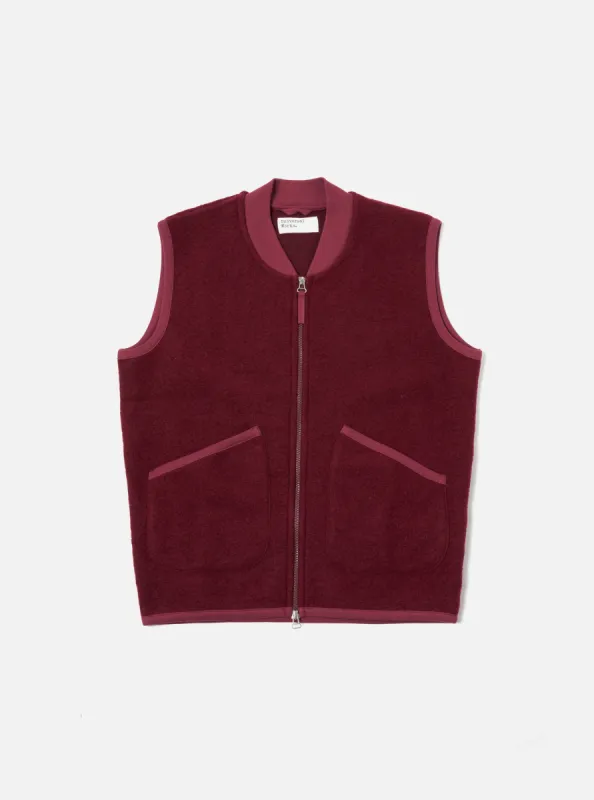 Universal Works Zip Waistcoat in Deep Red Wool Fleece sold by Universal Works
