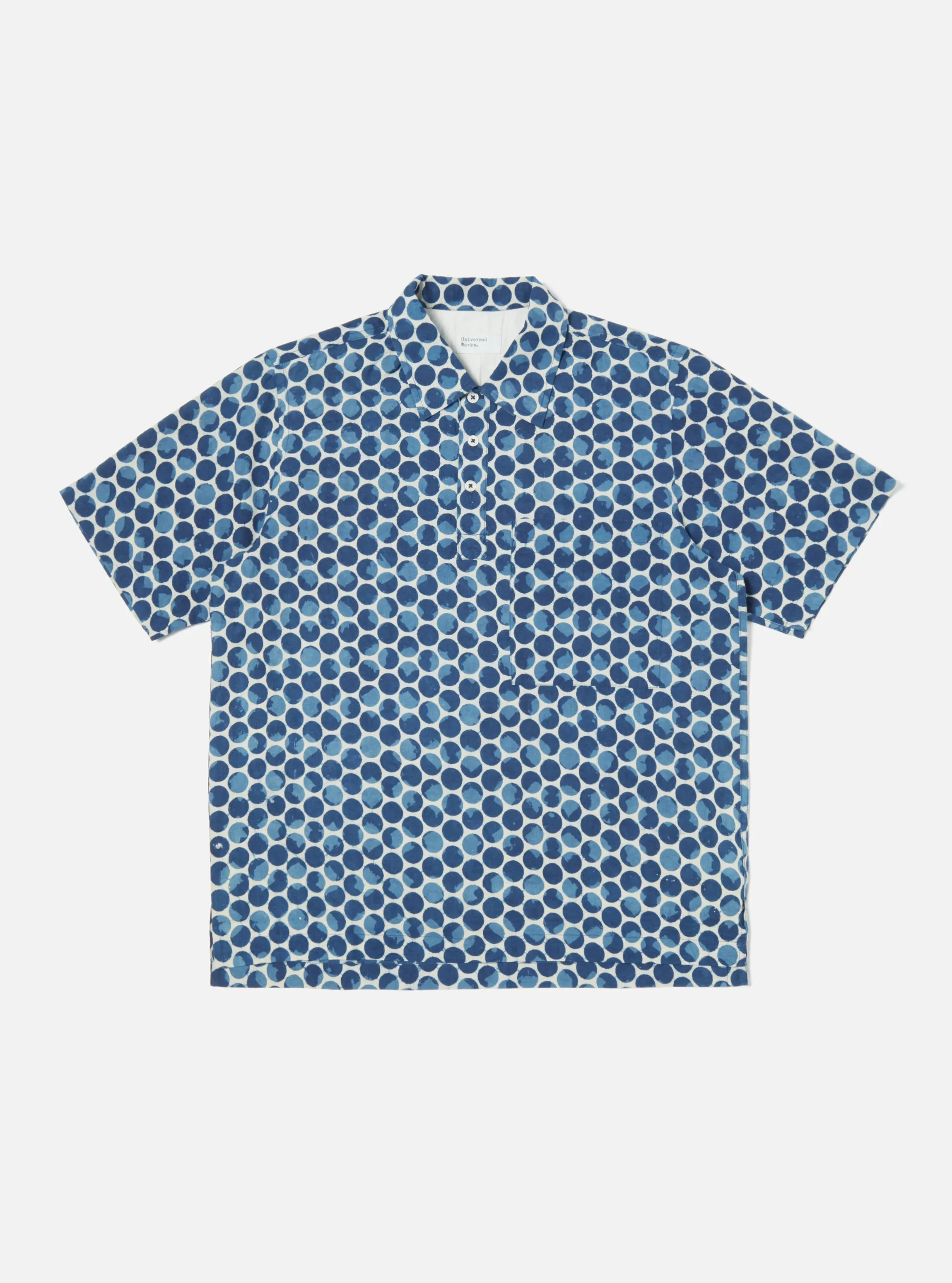 Universal Works Pullover Shirt in Indigo Hand Block Dot Print sold by Universal Works