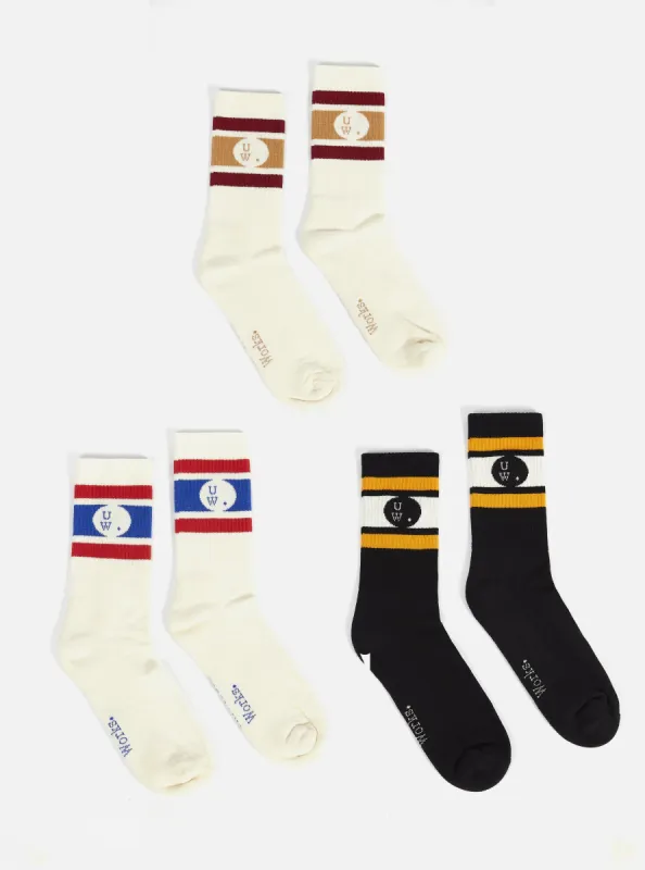 Ecru/Black Cotton 3 Pack Sport Sock made by Universal Works