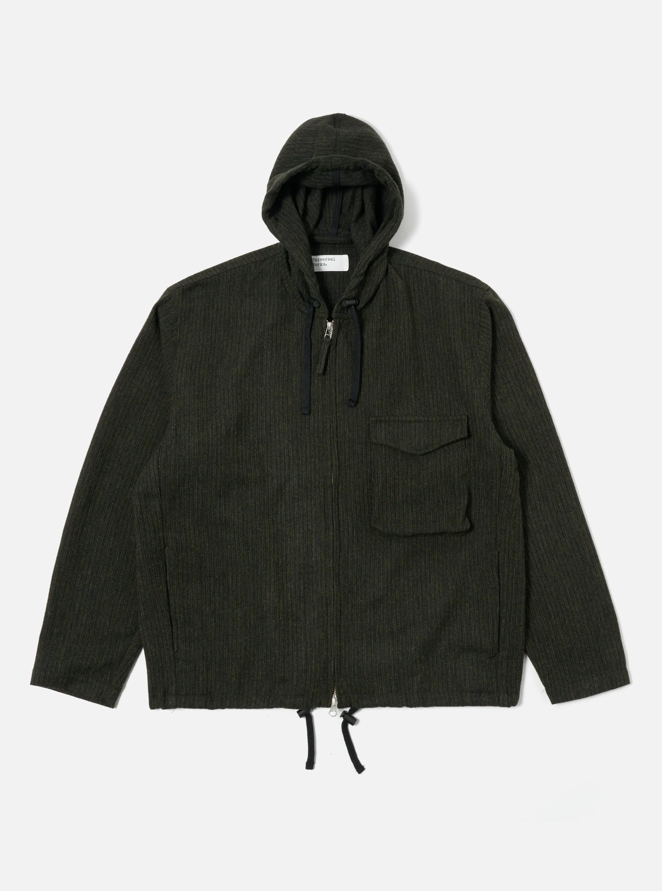 Universal Works Fistral II Jacket in Black/Olive Stripe Wool Mix sold by Universal Works