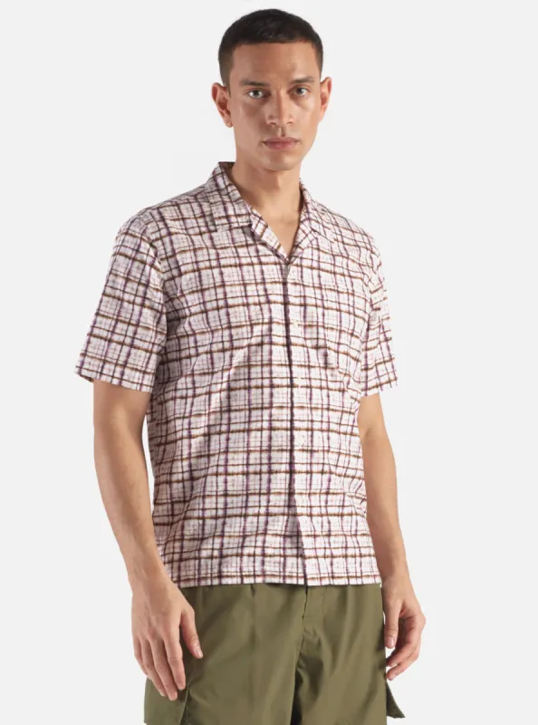 Universal Works Road Shirt in Ecru/Lilac Tie Dye Print Cotton sold by Universal Works