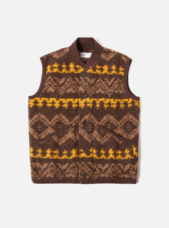 Universal Works Button Front Gilet in Brown Rug Fleece sold by Universal Works