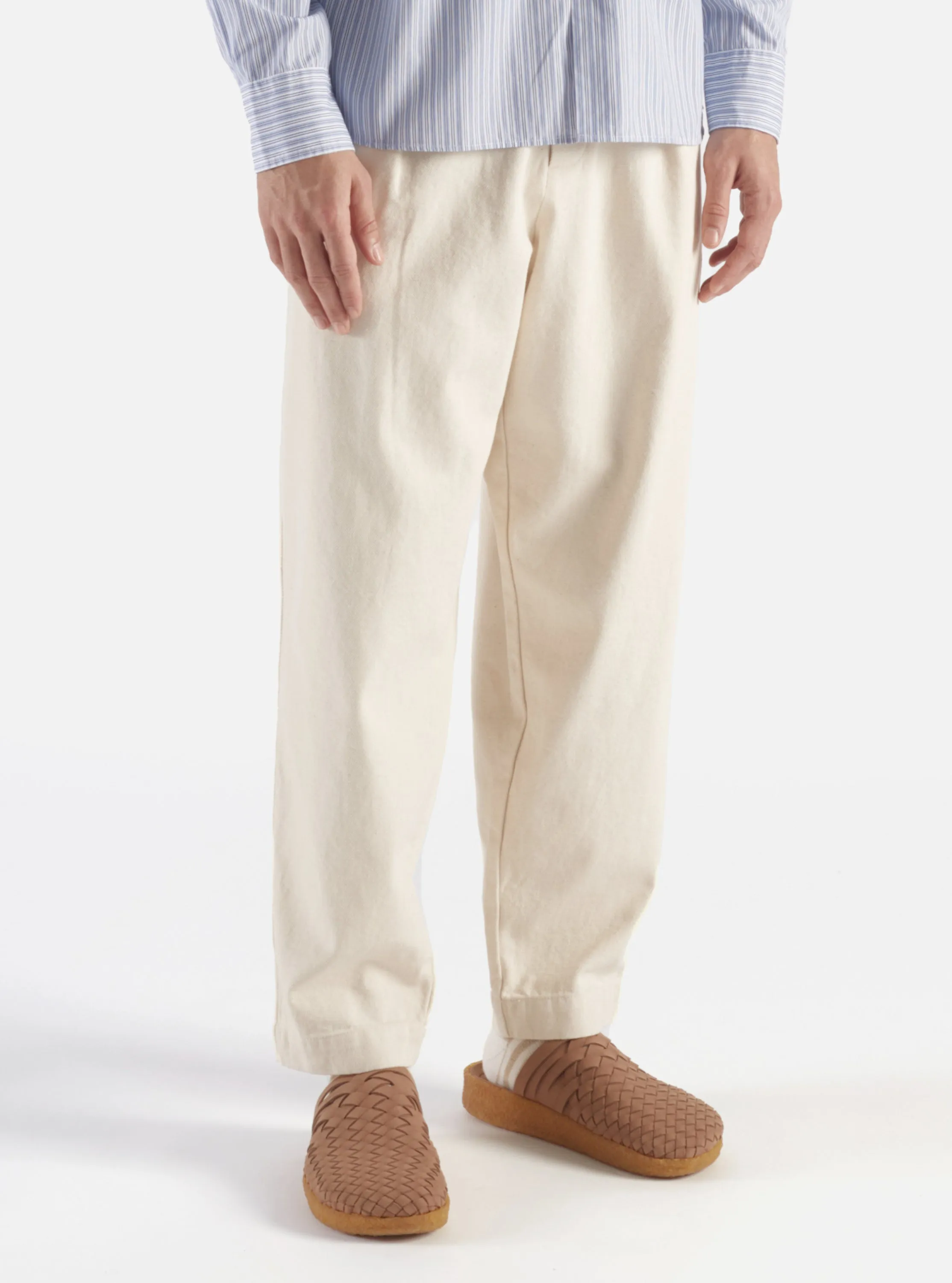 Universal Works Pleated Track Pant in Ecru Recycled Cotton sold by Universal Works
