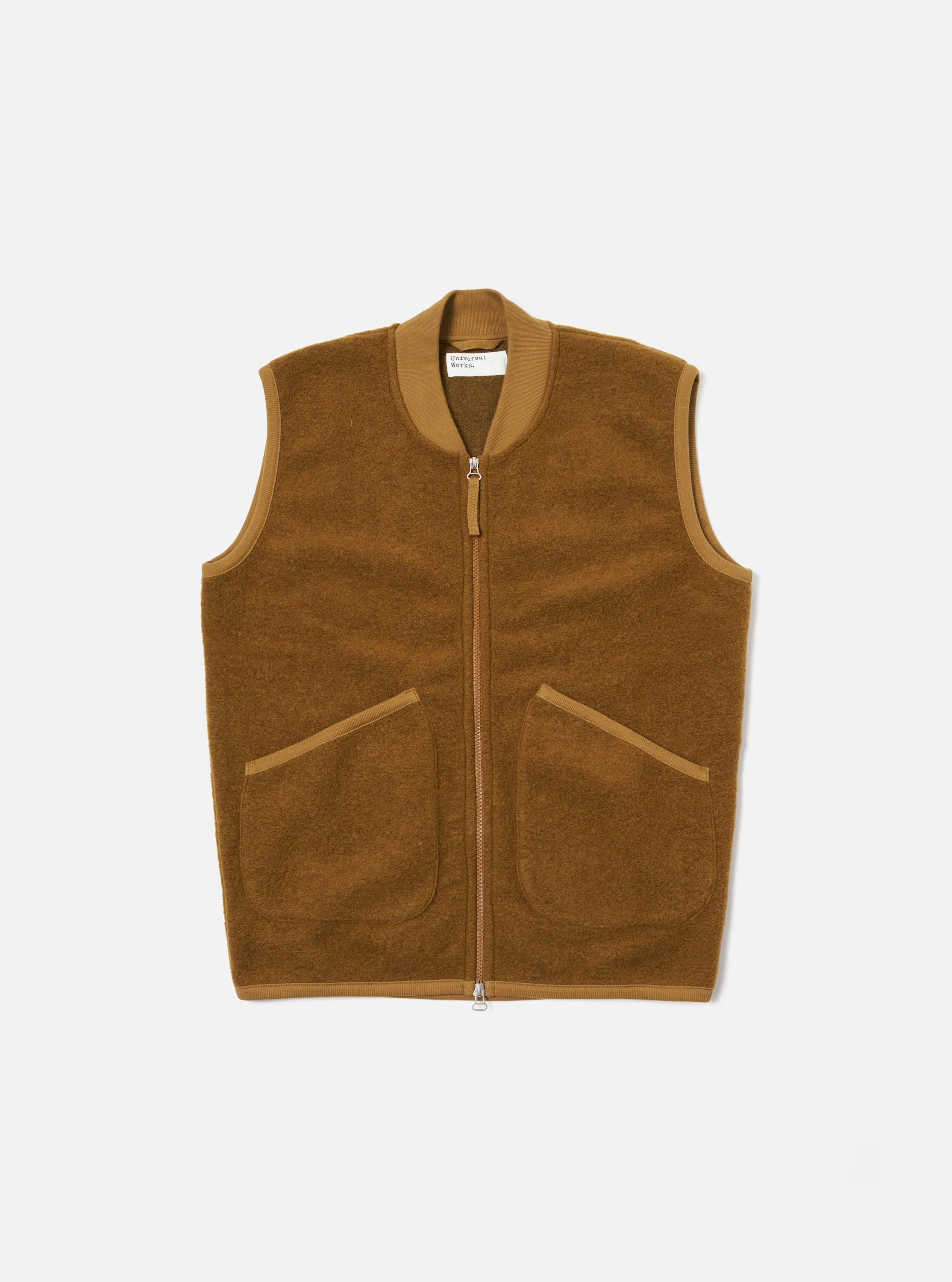 Universal Works Zip Waistcoat in Mustard Wool Fleece sold by Universal Works