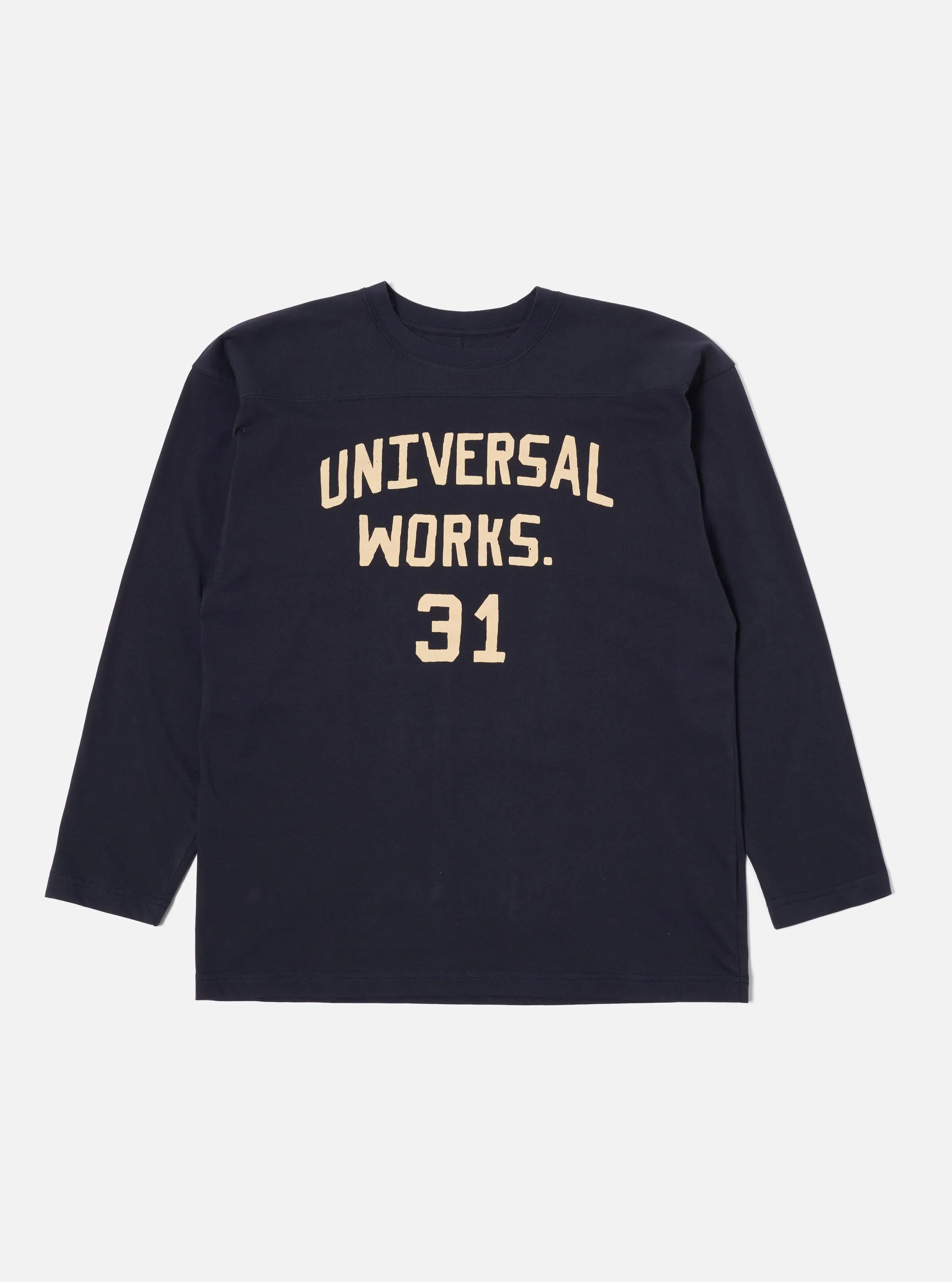 Universal Works Football T Shirt in Navy Single Jersey UW31 sold by Universal Works
