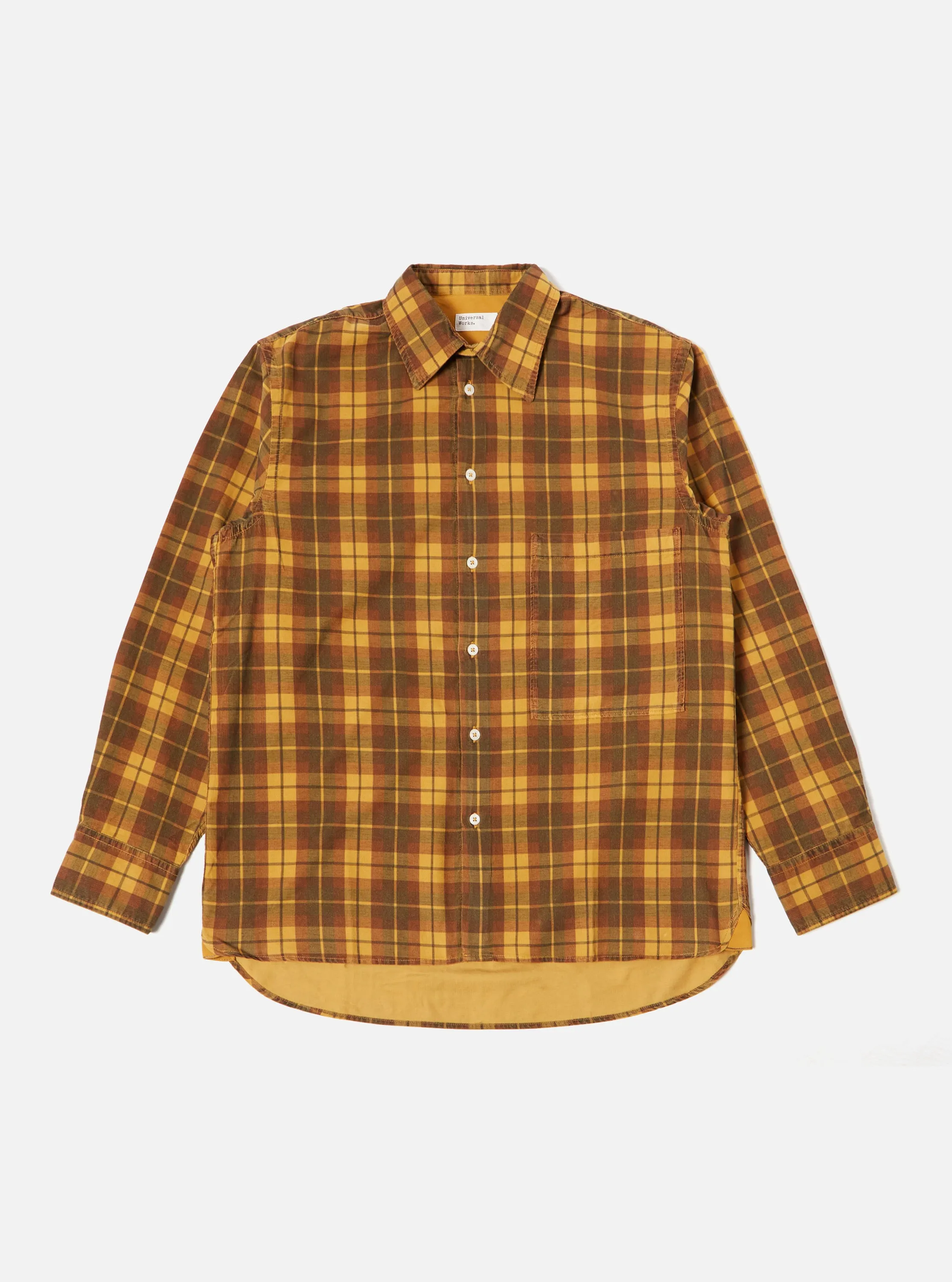 Universal Works Square Pocket Shirt in Mustard Check Cord sold by Universal Works