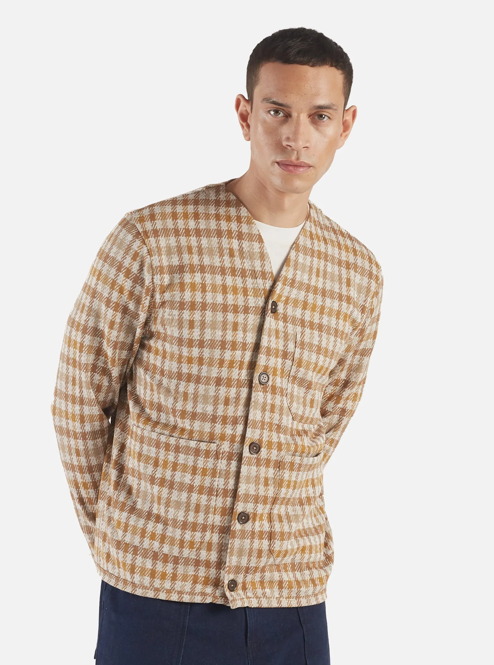 Universal Works Cardigan in Sand Summer Check Fleece sold by Universal Works