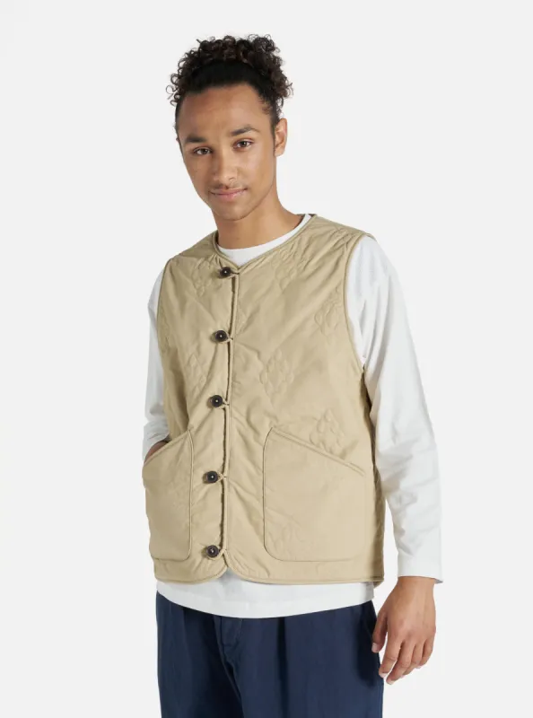 Universal Works Quilted Piped Liner Gilet in Sand Recycled Poly Tech sold by Universal Works
