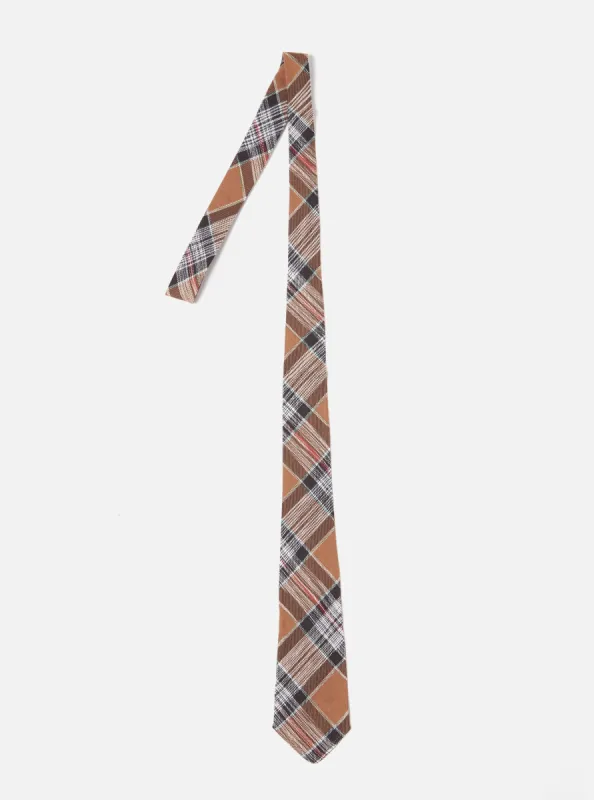 Universal Works Tie in Brown Ikat Twill Check made by Universal Works