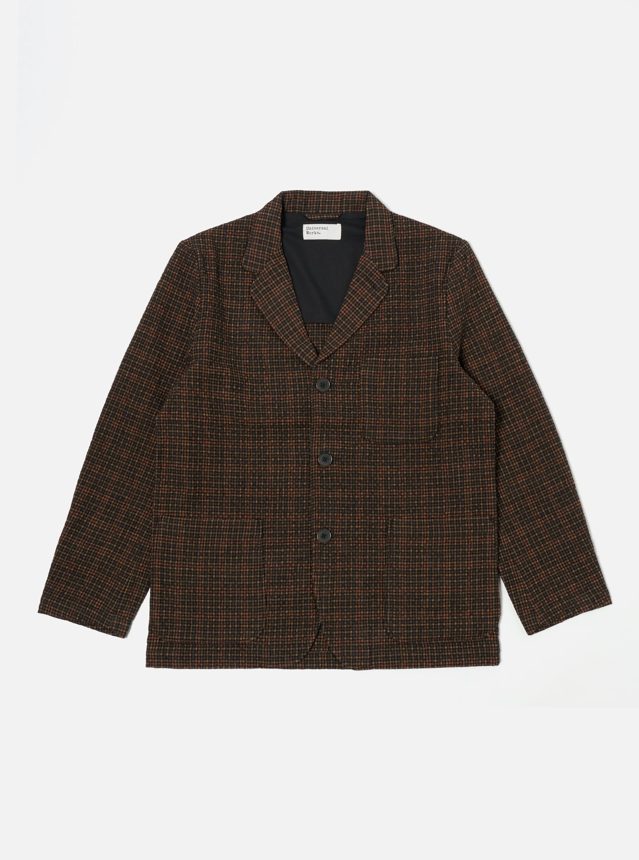 Universal Works Three Button Jacket in Black/Olive Albuquerque Check sold by Universal Works