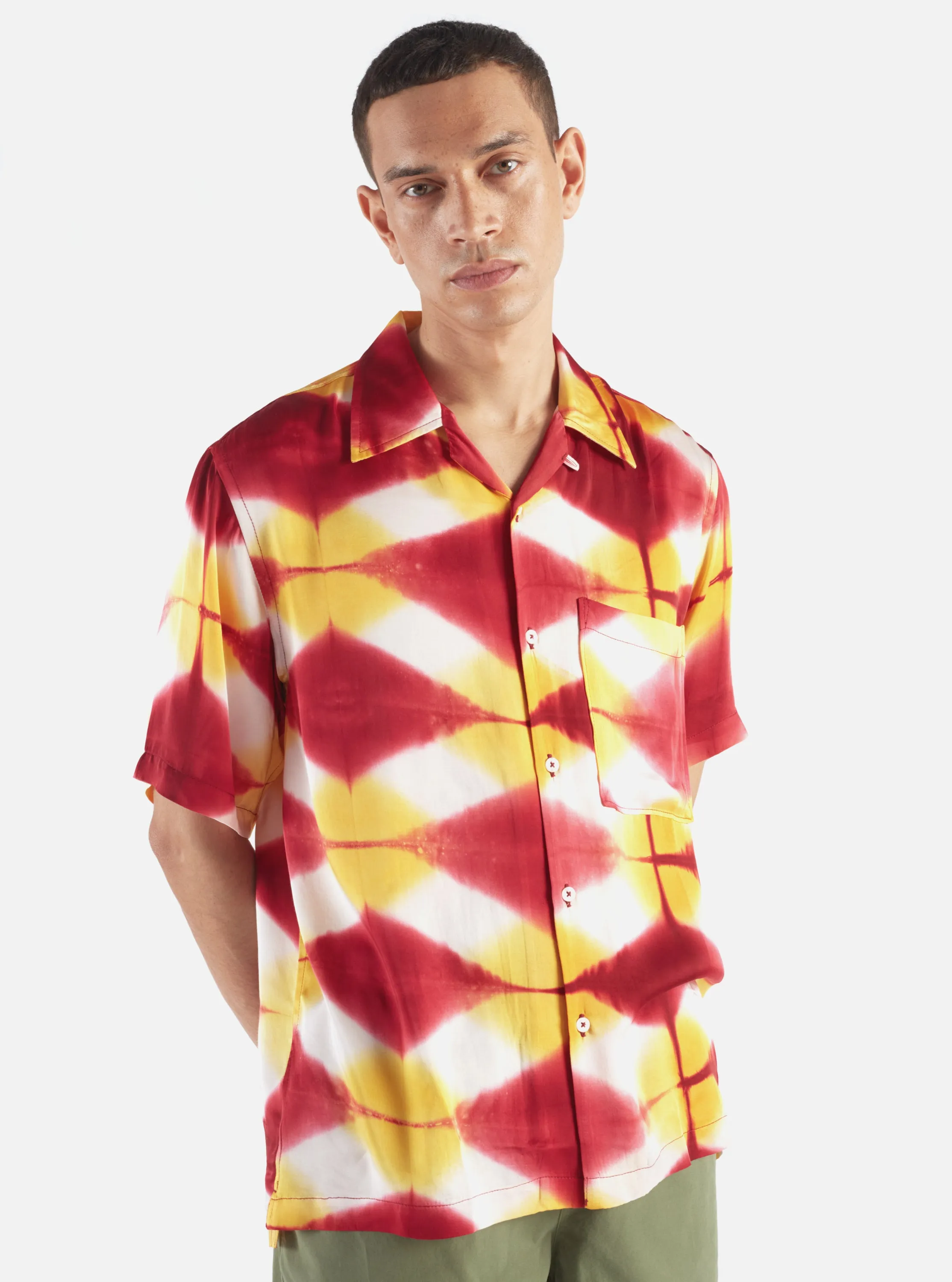 Universal Works Camp Shirt in Red/Yellow Tie Dye sold by Universal Works