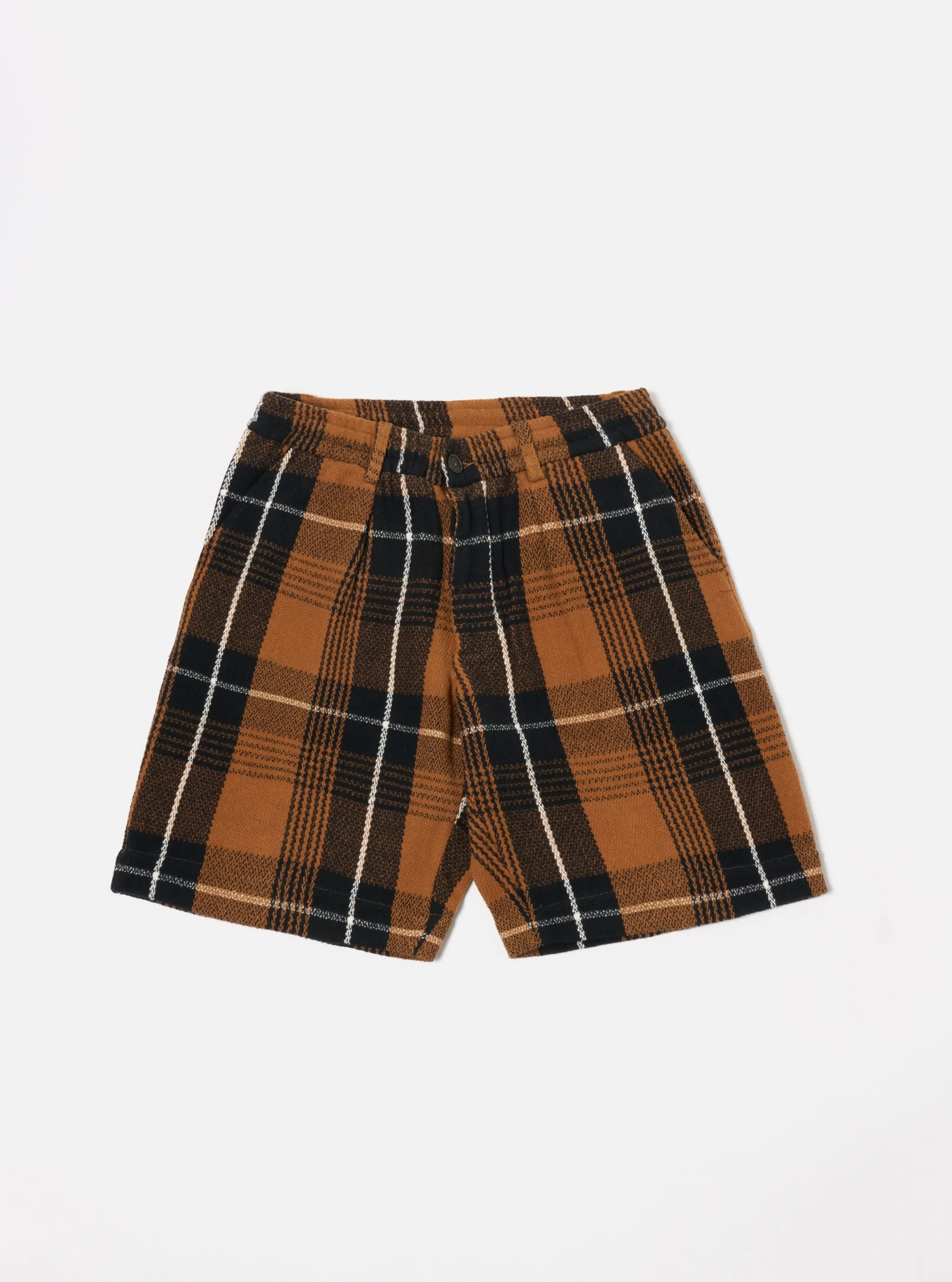 Universal Works Pleated Track Short in Brown Earth II Check sold by Universal Works