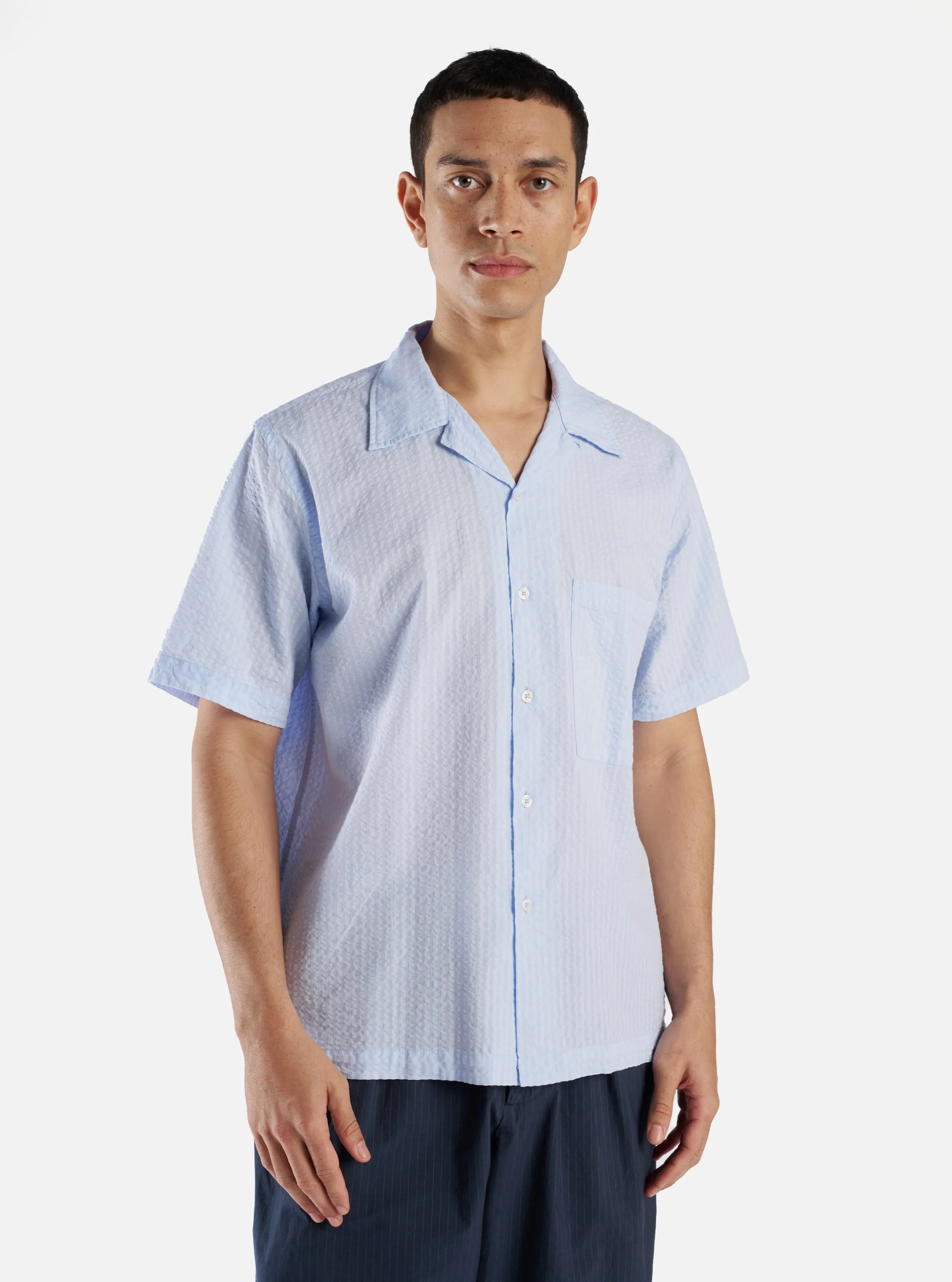 Universal Works Camp Shirt II in Pale Blue Onda Cotton sold by Universal Works