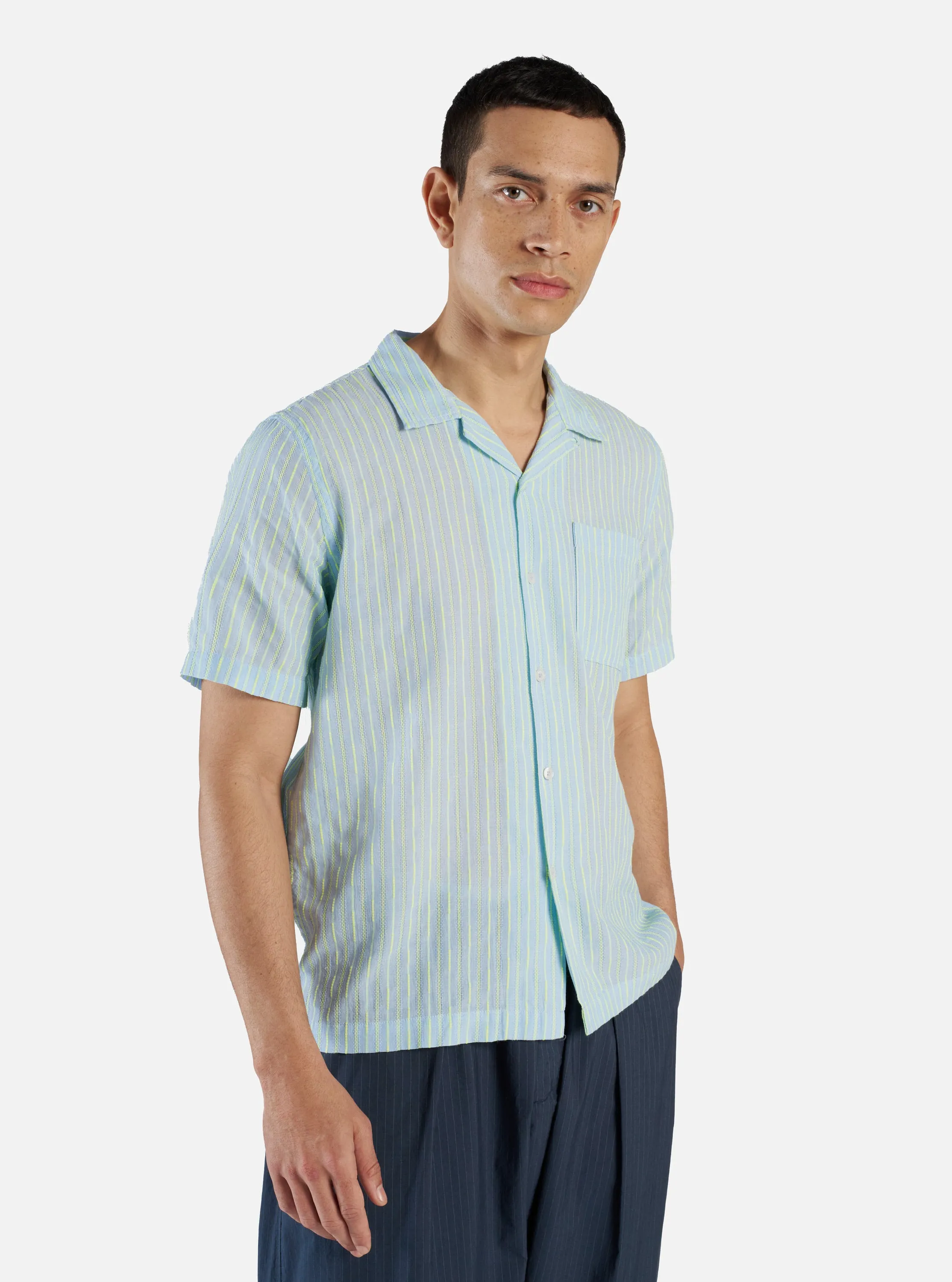 Universal Works Road Shirt in Sky/Green Fluro Cotton sold by Universal Works