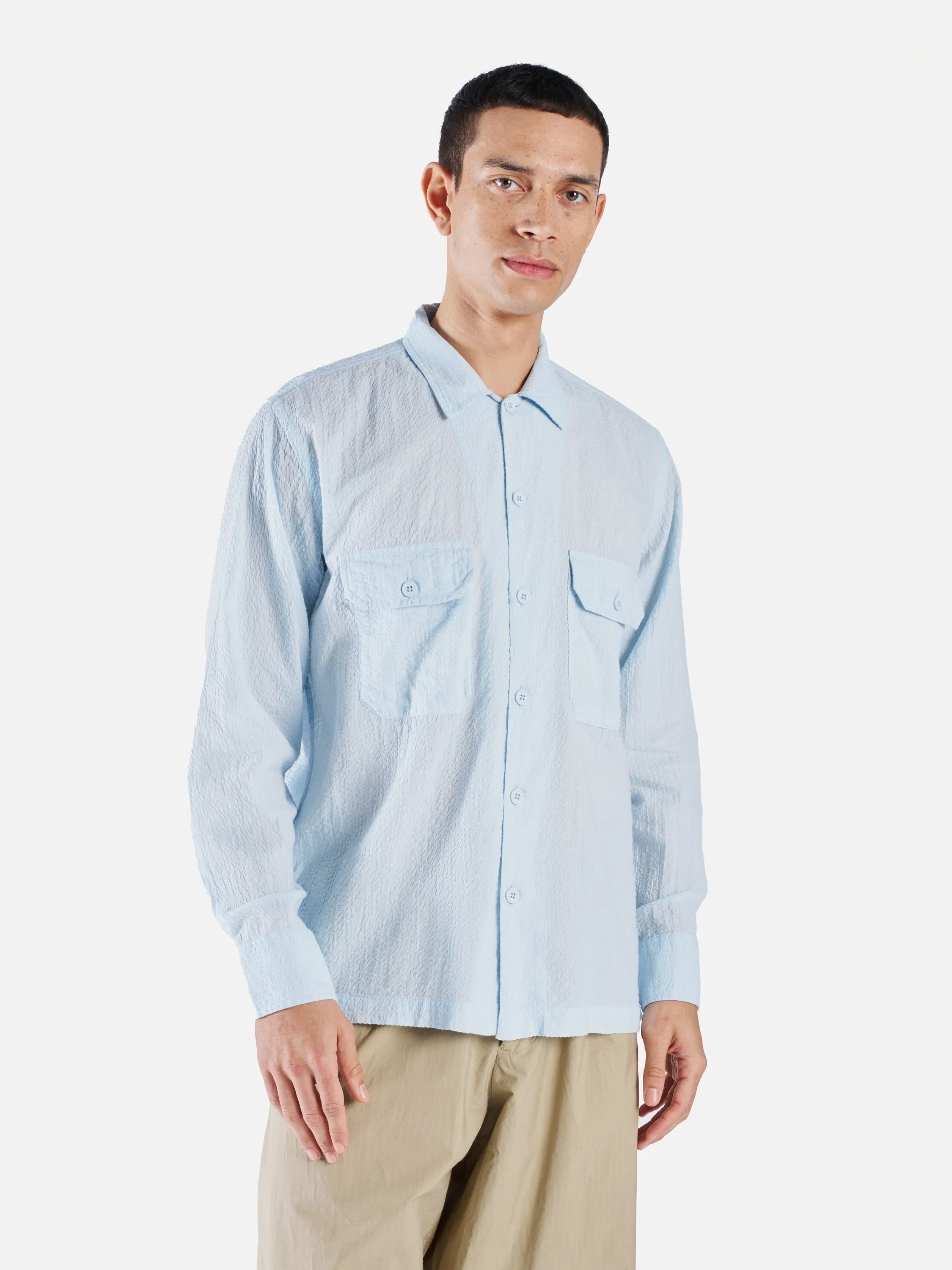 Universal Works L/S Utility Shirt in Sky Shin Seersucker sold by Universal Works product image thumbnail 2