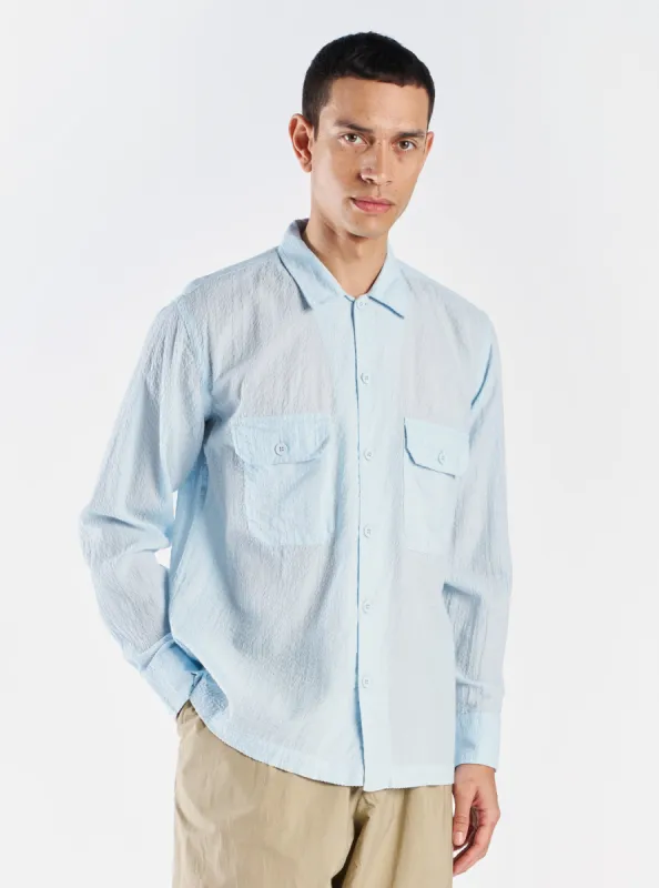 Universal Works L/S Utility Shirt in Sky Shin Seersucker sold by Universal Works