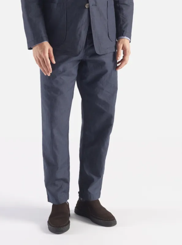 Universal Works Military Chino in Navy Linen Mix Puppytooth sold by Universal Works