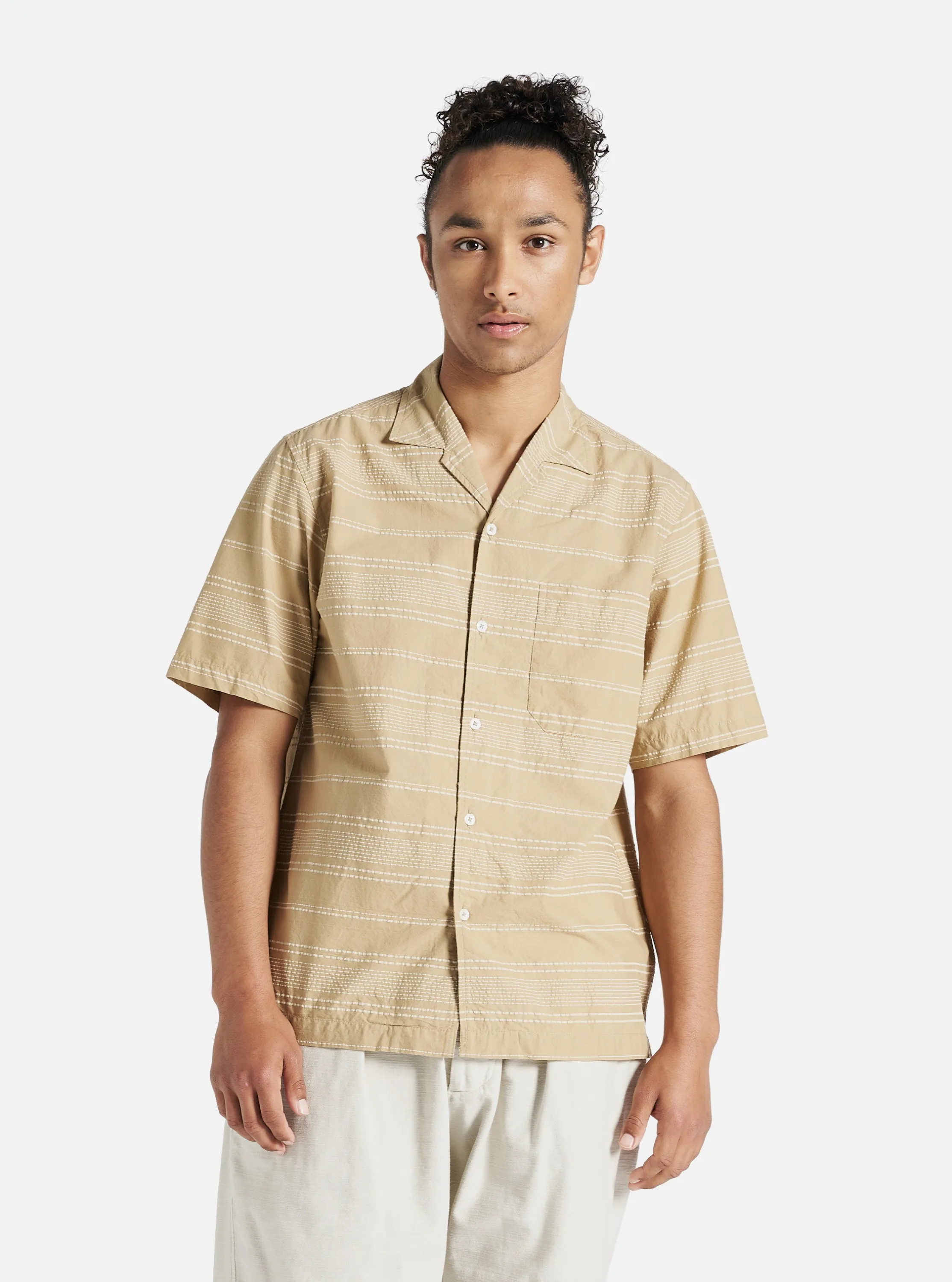 Universal Works Minari Shirt in Sand Textured Stripe sold by Universal Works