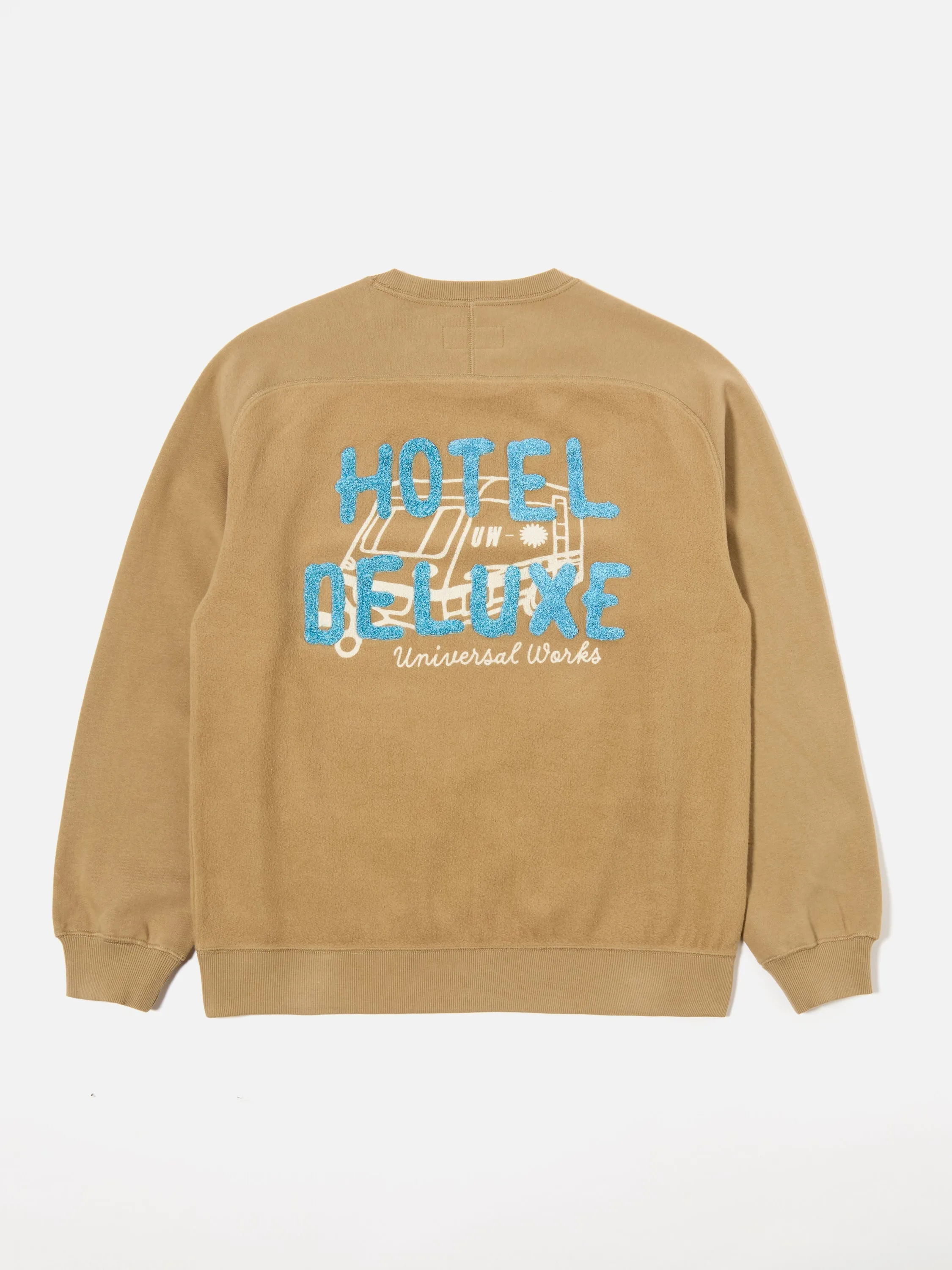 Universal Works Crew Sweat in Sand 'Hotel Deluxe' Embroidered Brush Back sold by Universal Works product image thumbnail 4
