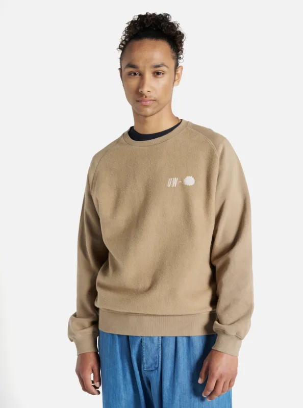 Universal Works Crew Sweat in Sand 'Hotel Deluxe' Embroidered Brush Back sold by Universal Works