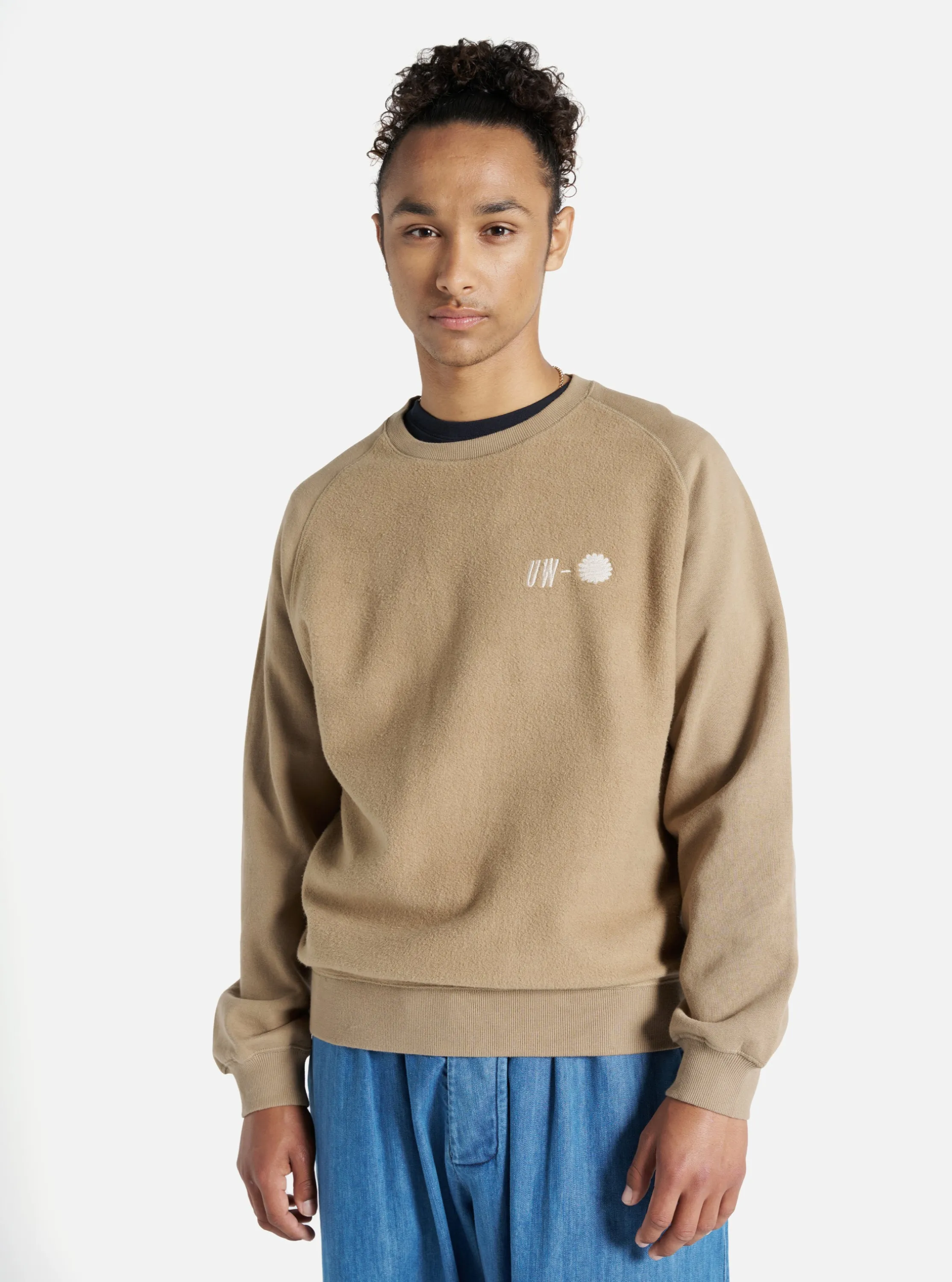 Universal Works Crew Sweat in Sand 'Hotel Deluxe' Embroidered Brush Back sold by Universal Works
