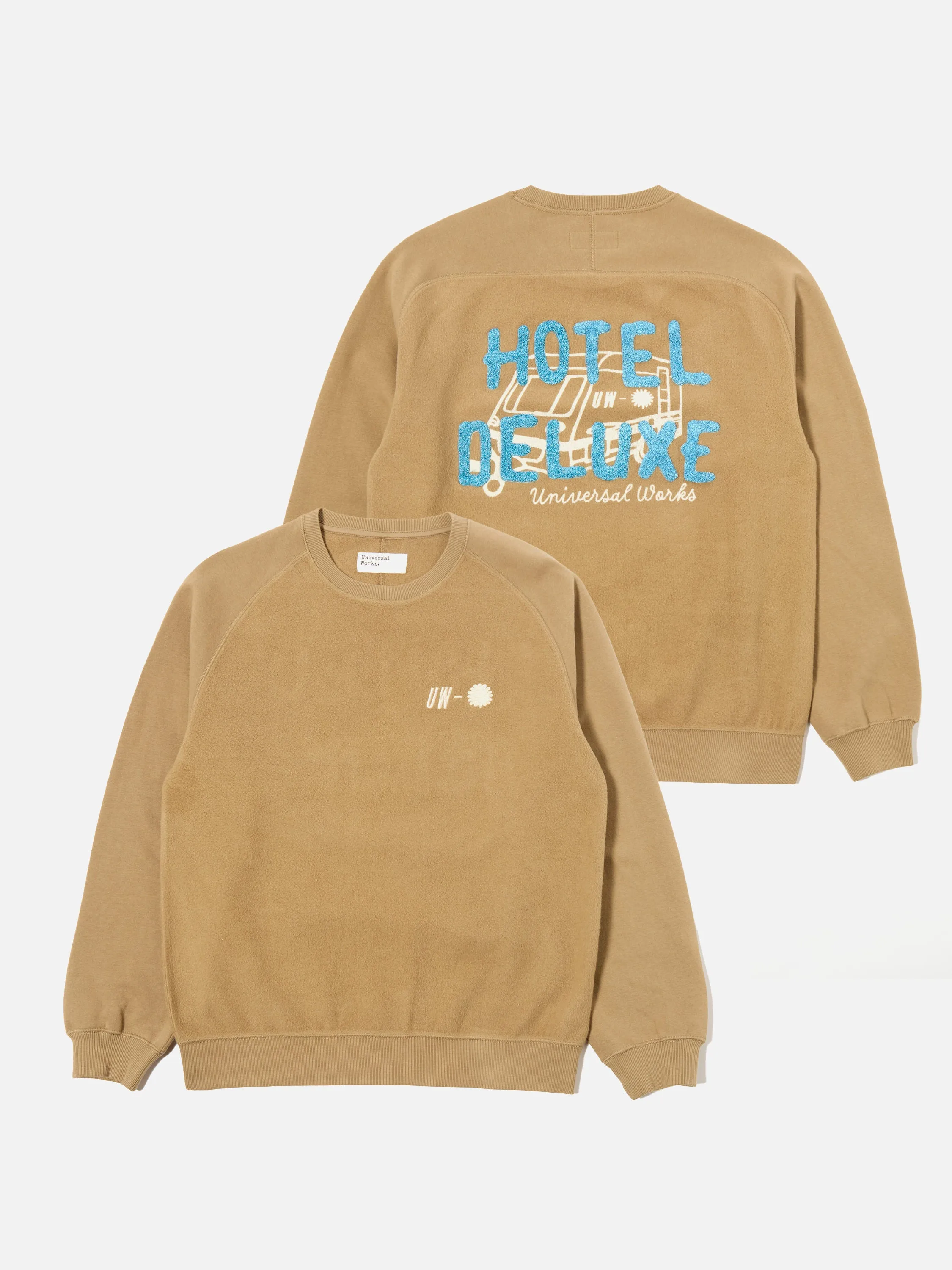 Universal Works Crew Sweat in Sand 'Hotel Deluxe' Embroidered Brush Back sold by Universal Works product image thumbnail 2