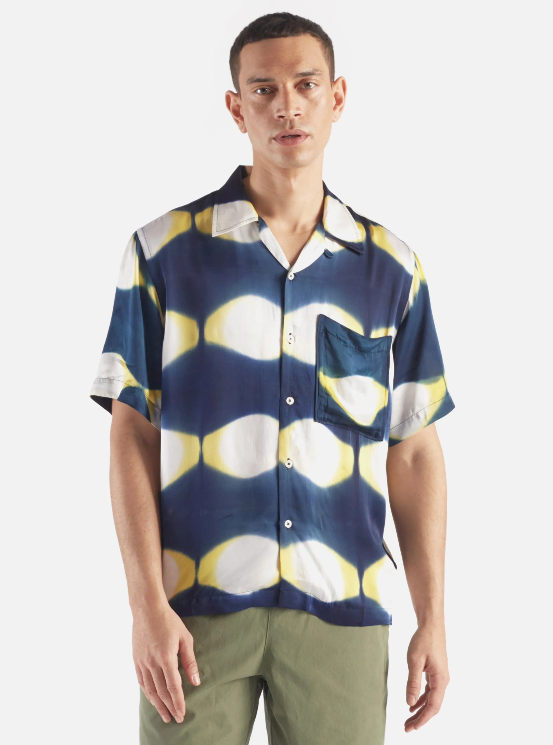 Universal Works Camp Shirt in Navy/Yellow Tie Dye sold by Universal Works