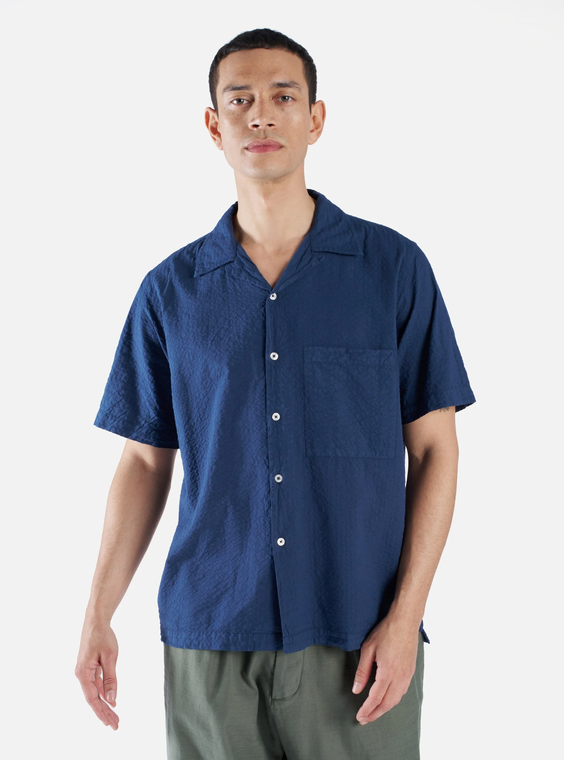 Universal Works Camp Shirt II in Navy Onda Cotton sold by Universal Works
