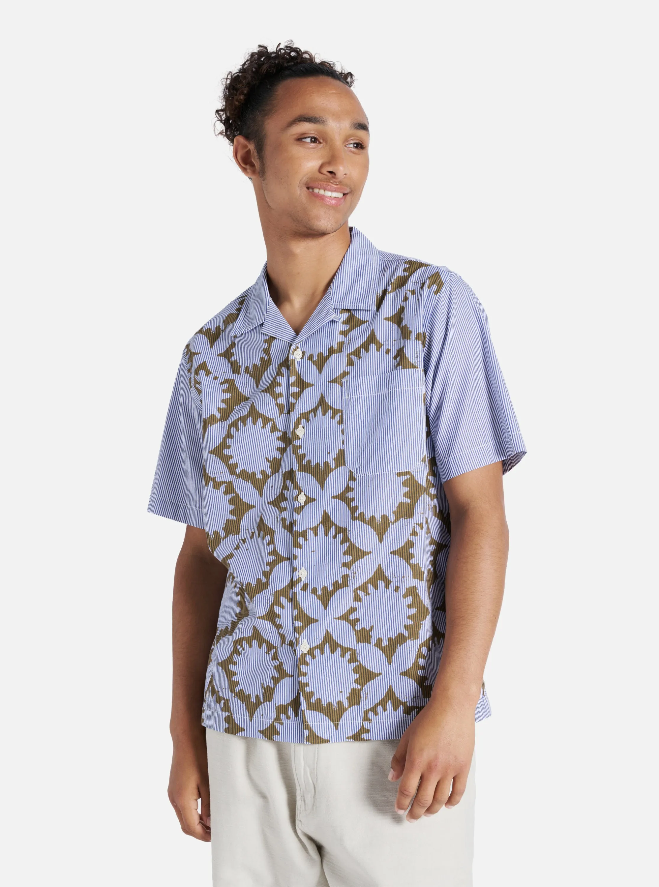 Universal Works Road Shirt in Gold/Blue Sun Print Stripe sold by Universal Works